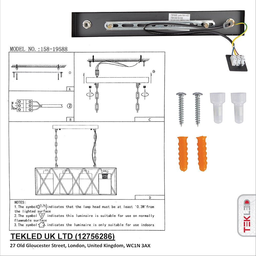 User manual and box content of black cuboid metal amber cylinder glass island chandelier with 4xe27 fitting
