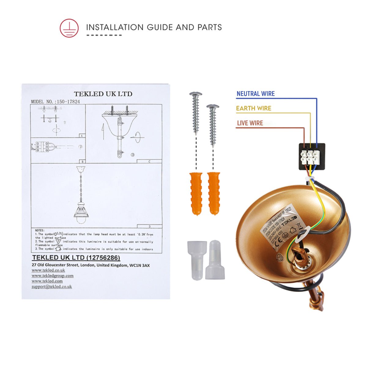 User manual for Brown Metal Clear Glass Step Pendant Ceiling Light with E27 | TEKLED 150-17824