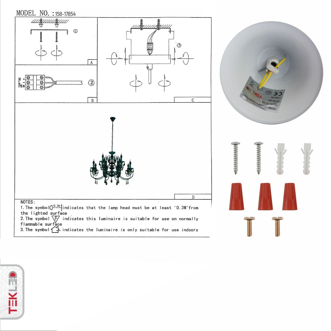 User manual for Amber Crystals Rice White with Gold Brushed Metal 12 Arm Chandelier with E14 Fitting | TEKLED 158-17854