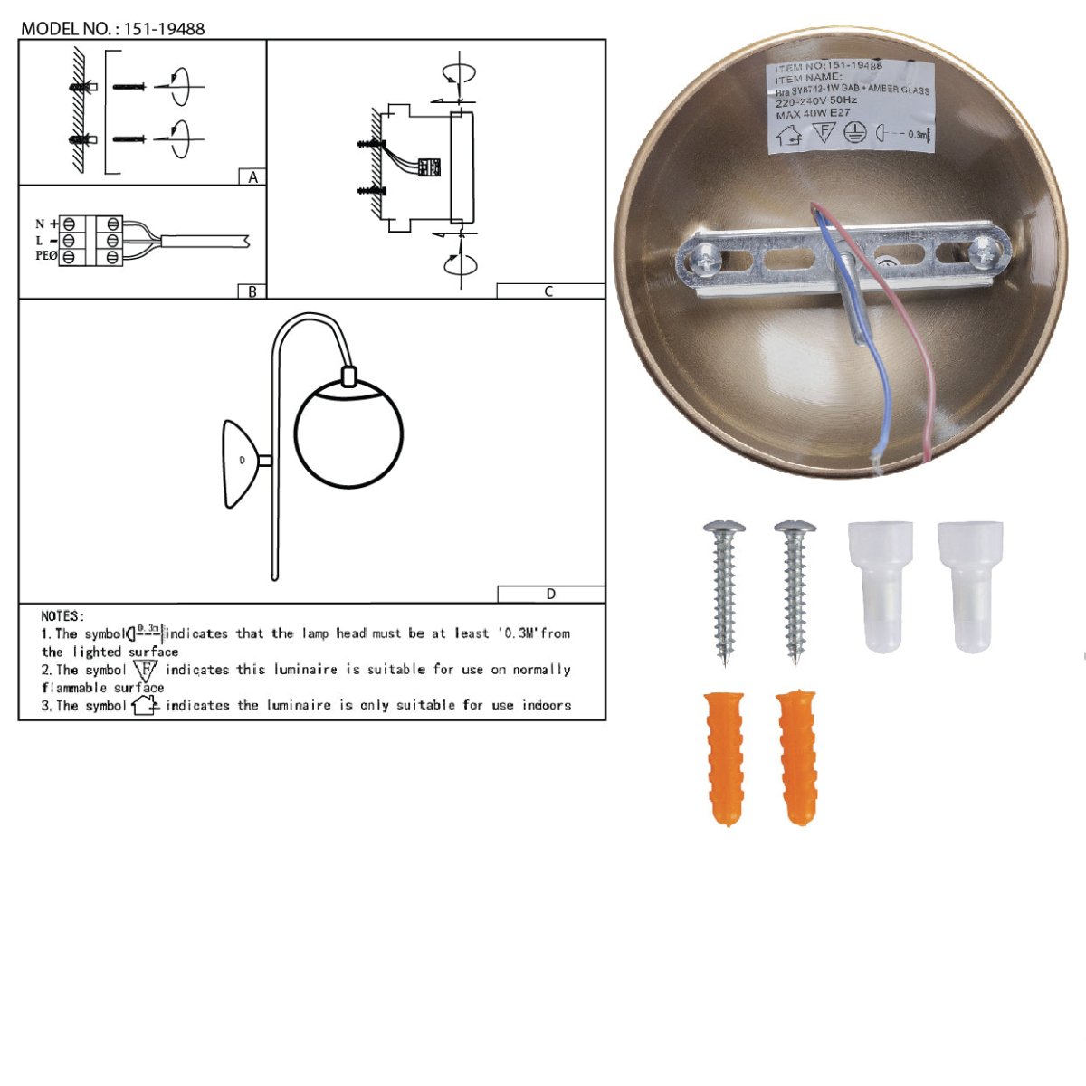 User manual for Amber Globe Glass Gold Aluminium Bronze Cane Metal Downward Wall Light with E27 Fitting | TEKLED 151-19488