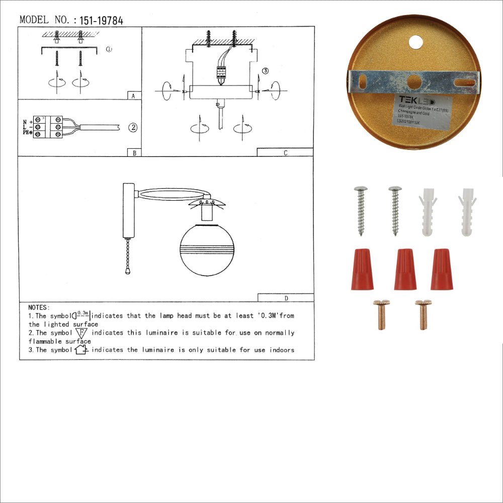 User manual for Amber Globe Glass Gold Ellipse Metal Body Modern Wall Light with Pull Down Switch E27 Fitting | TEKLED 151-19784