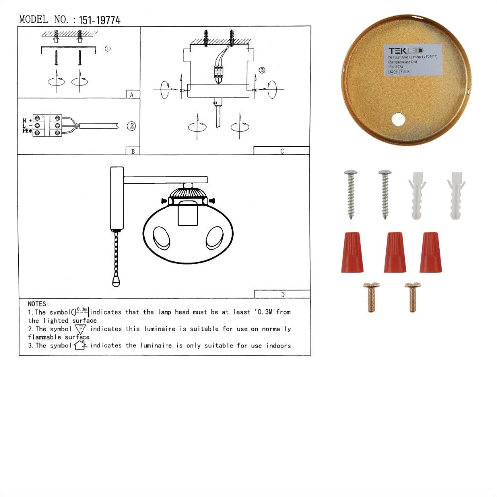 User manual for Amber Globe Glass Gold Metal Vintage Retro Wall Light with Pull Down Switch E27 Fitting | TEKLED 151-19774