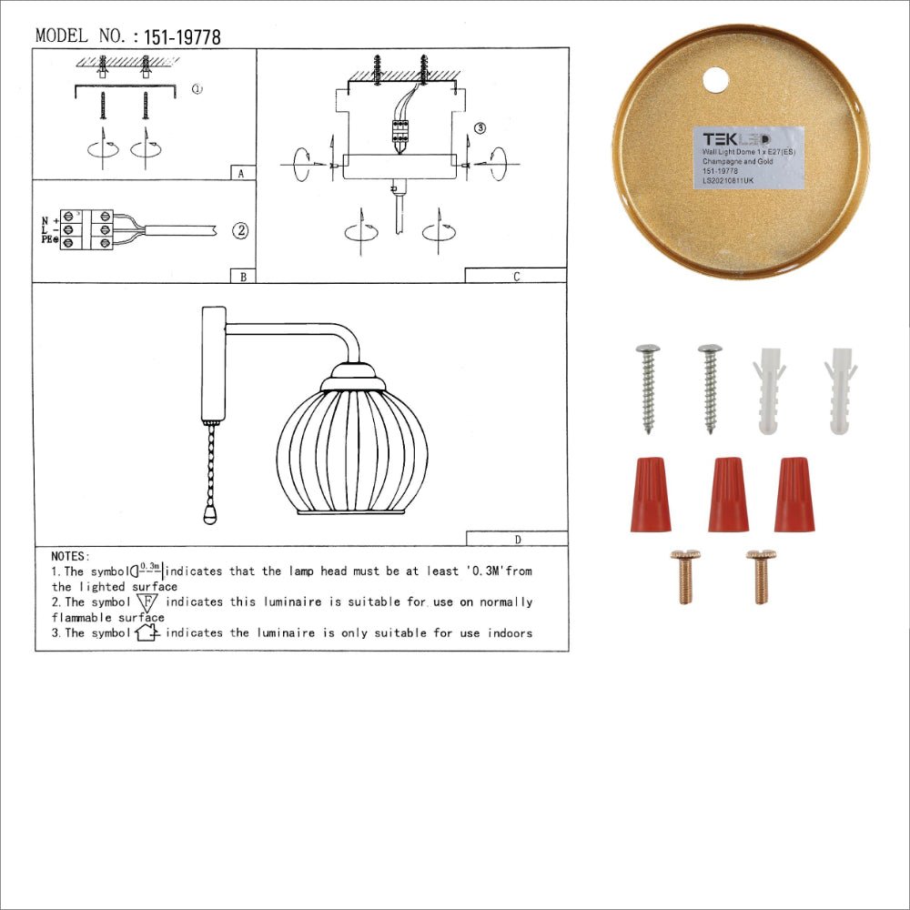 User manual for Amber Reeded Globe Glass Gold Metal Industrial Vintage Retro Wall Light with Pull Down Switch E27 Fitting | TEKLED 151-19778