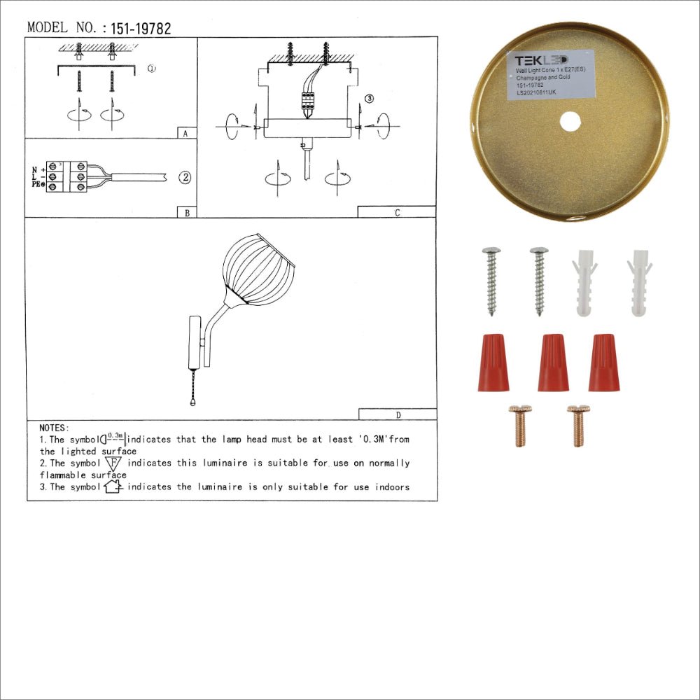 User manual for Amber Reeded Globe Glass Gold Metal Vintage Retro Wall Light with Pull Down Switch E27 Fitting | TEKLED 151-19782