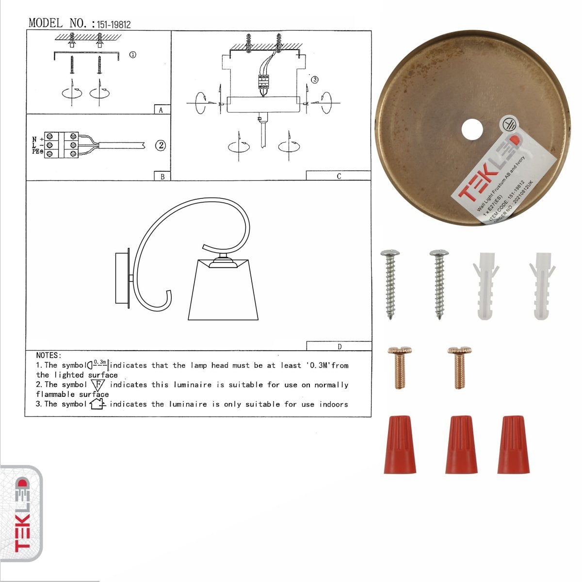 User manual for Antique Brass Metal Body Rice White Fabric Shade Lantern Vintage Traditional Retro Wall Light with E27 Fitting | TEKLED 151-19812