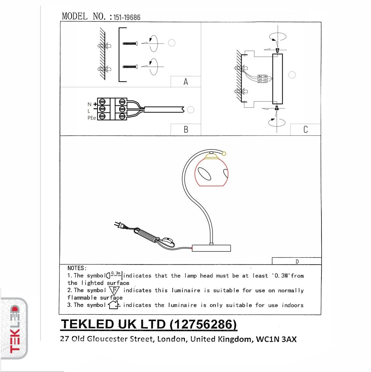 User manual for Black Antique Brass Metal Amber Globe Table Lamp with E27 Fitting | TEKLED 151-19686