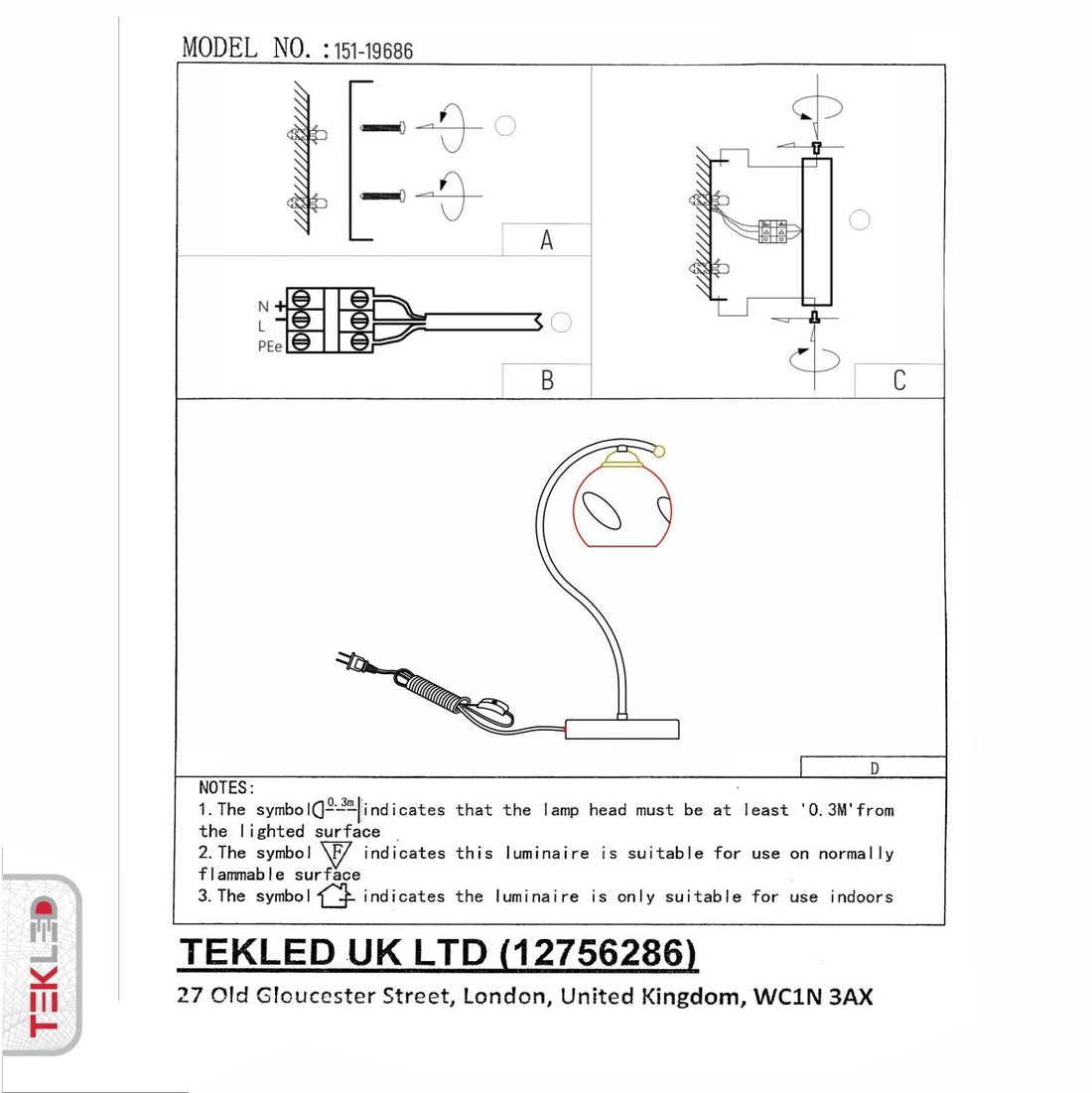 User manual for Black Antique Brass Metal Amber Globe Table Lamp with E27 Fitting | TEKLED 151-19686