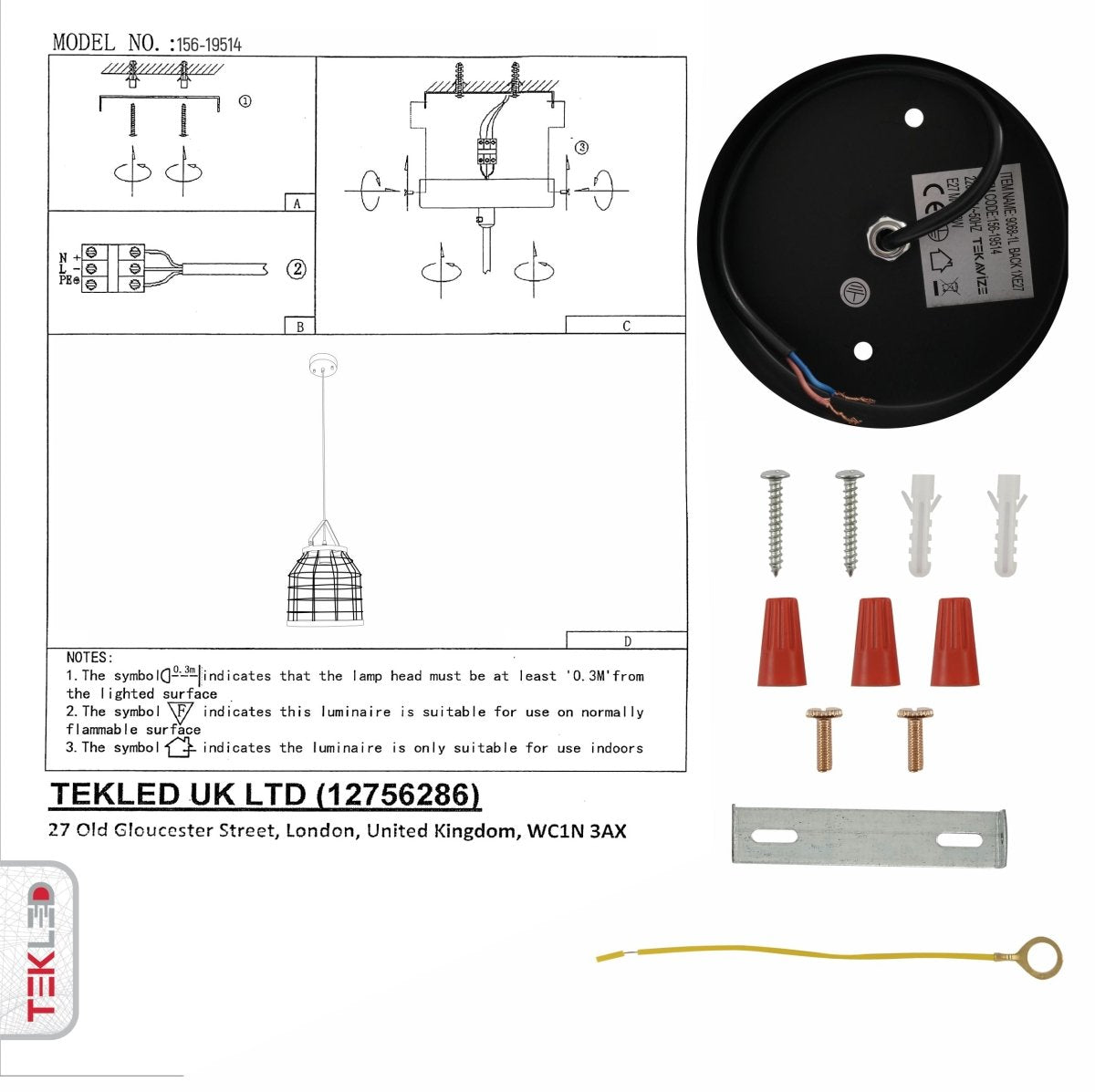 User manual for Black Cage Metal Pendant Light with E27 Fitting | TEKLED 156-19514