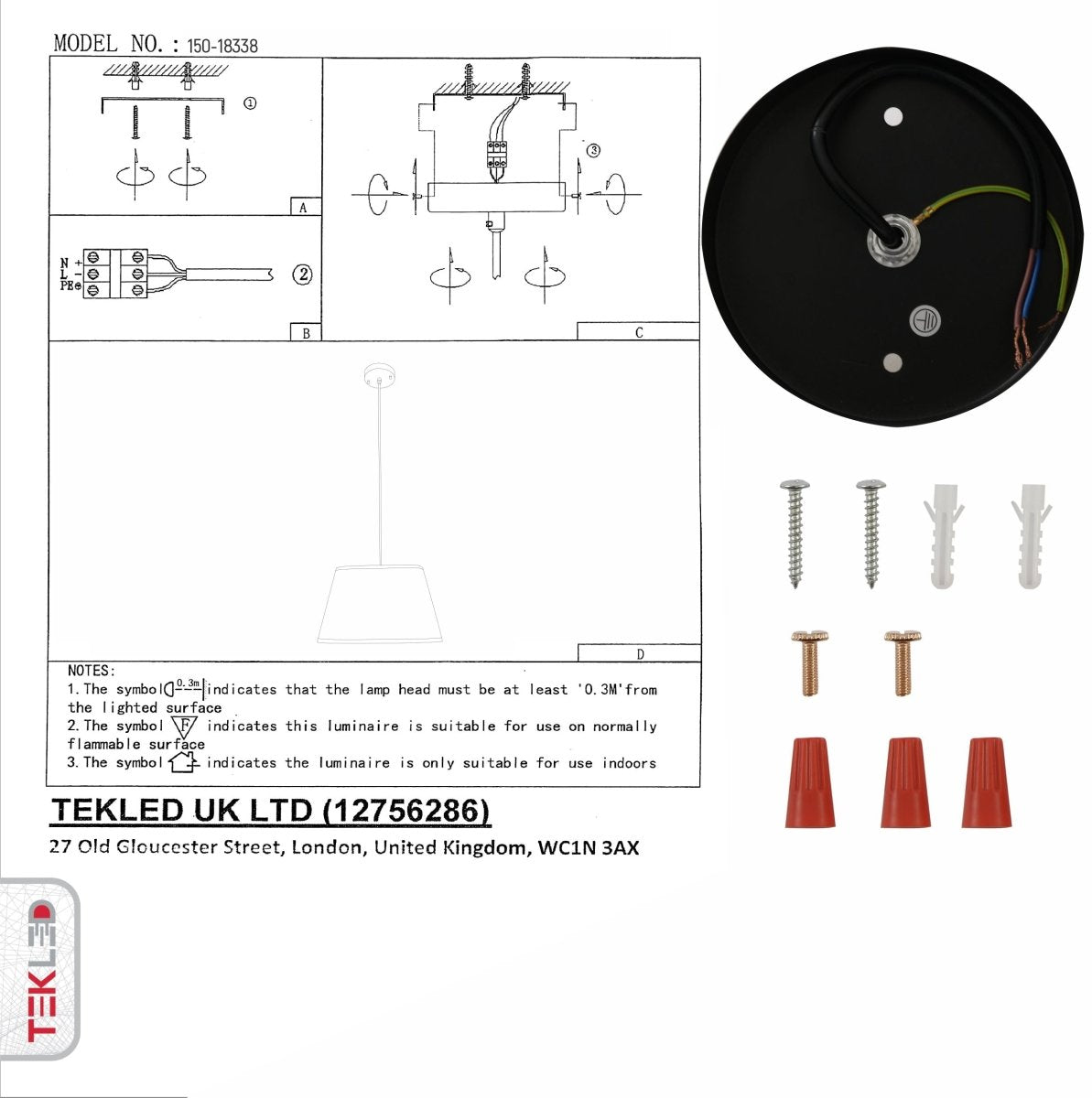User manual for Black Gold Metal Frustum Pendant Light with E27 Fitting | TEKLED 150-18338