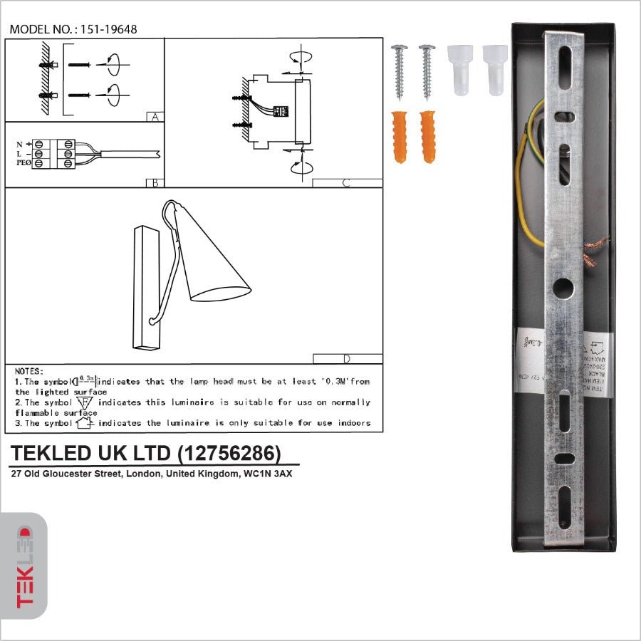 User manual for Black Metal Cone Wall Light with E27 Fitting | TEKLED 151-19648