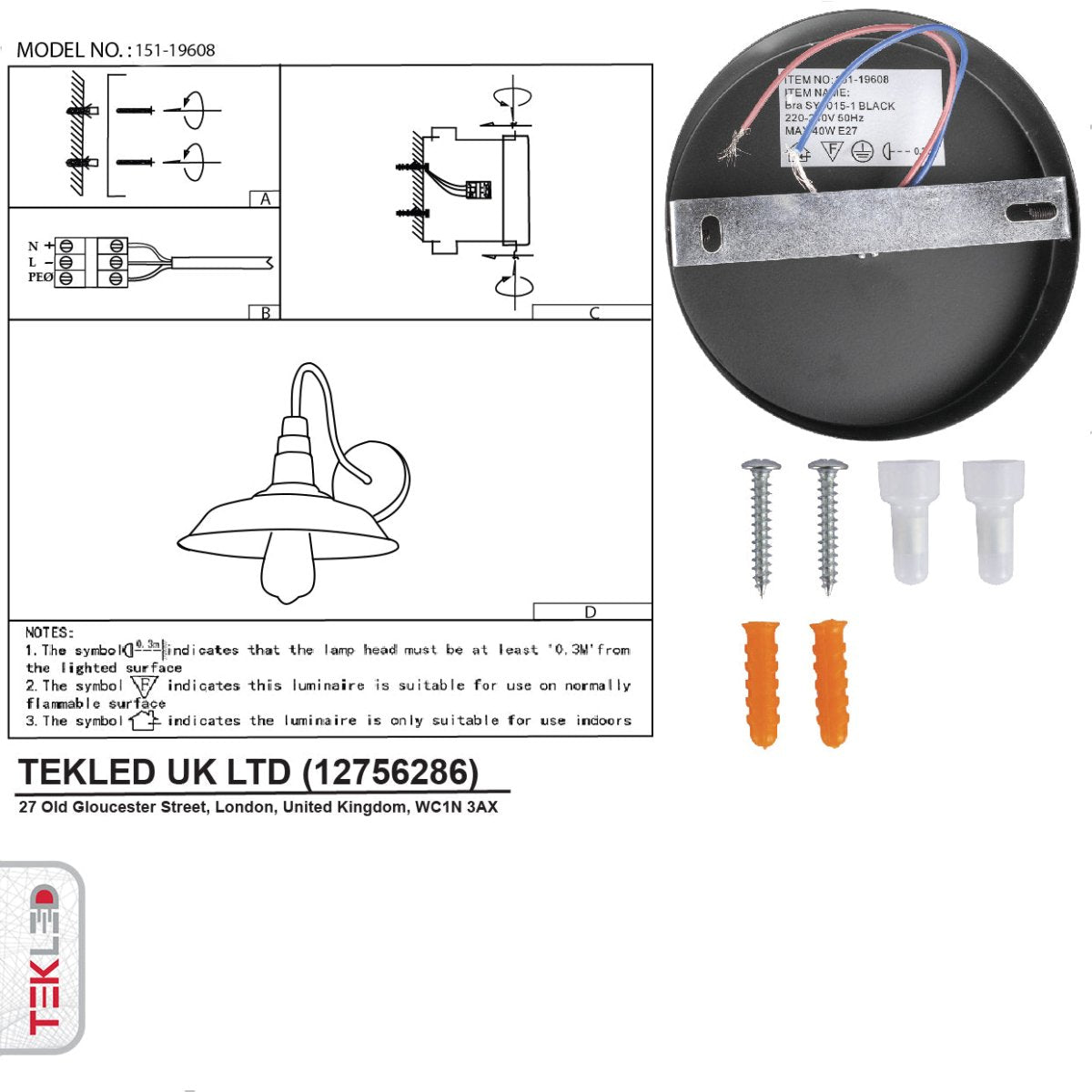 User manual for Black Swan Step Metal Industrial Retro Wall Light with E27 Fitting | TEKLED 151-19608