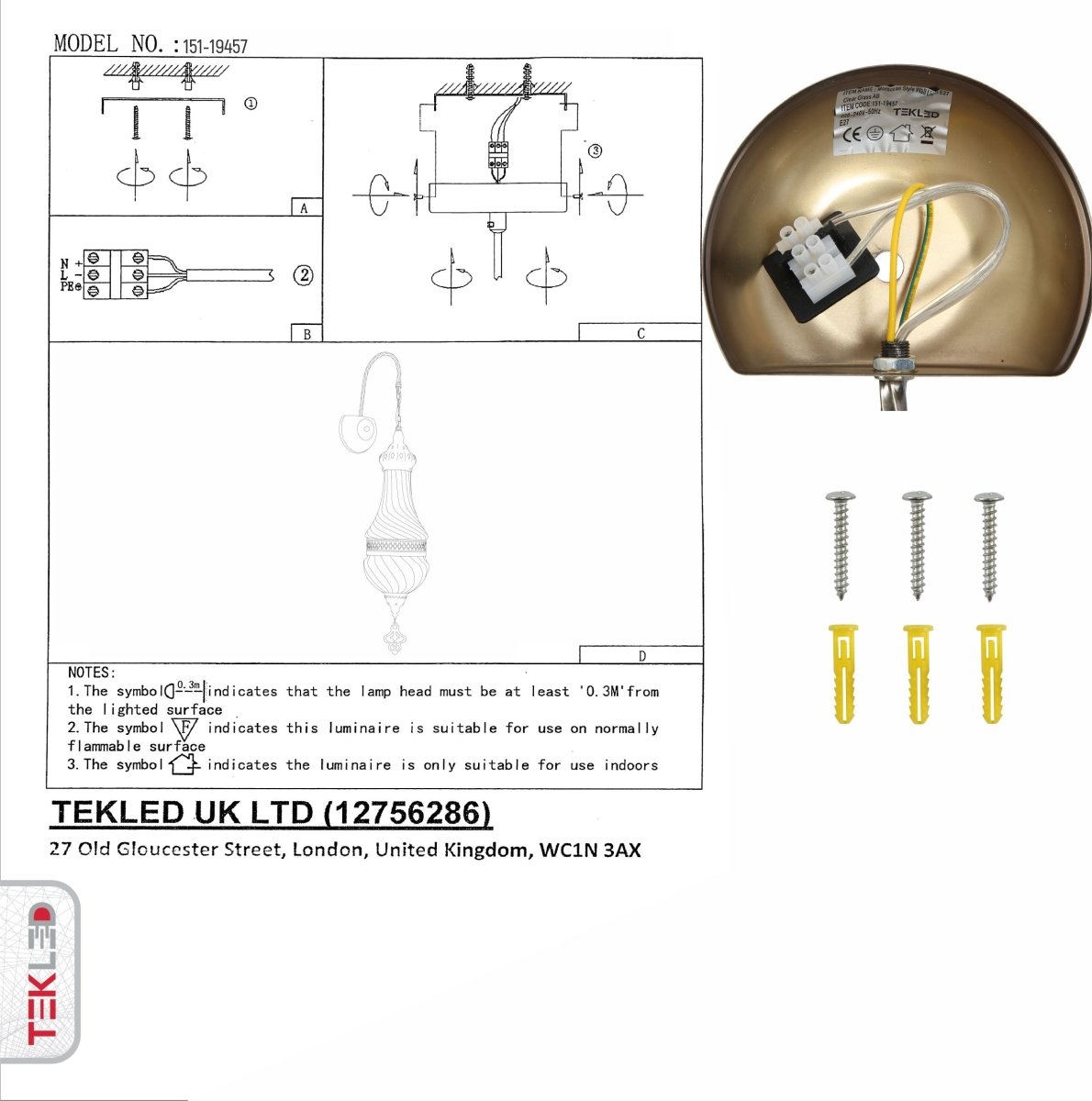 User manual for Clear Glass Antique Bronze Metal Body Moroccan Style Wall Light with E27 Fitting | TEKLED 151-19457