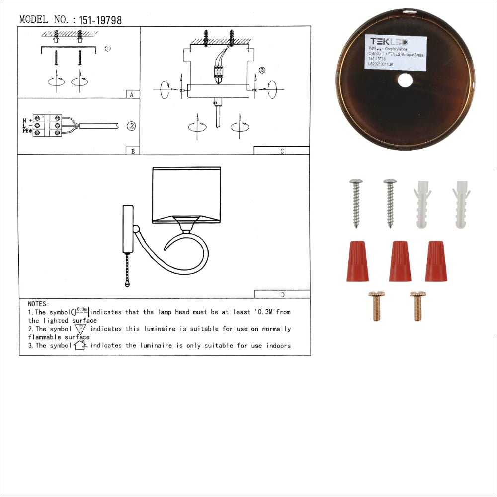 User manual for Grey Fabric Shade Antique Brass Hook Metal Vintage Retro Classic Wall Light with Pull Down Switch E27 Fitting | TEKLED 151-19798