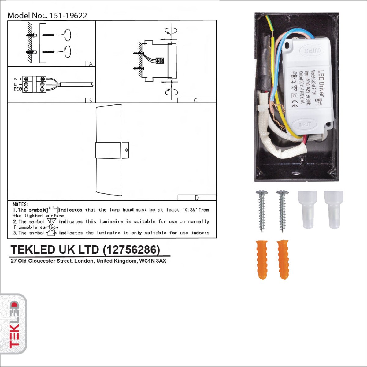 User manual for LED Dark Wood Metal Acrylic Wall Light 4W Cool White 4000K | TEKLED 151-19622