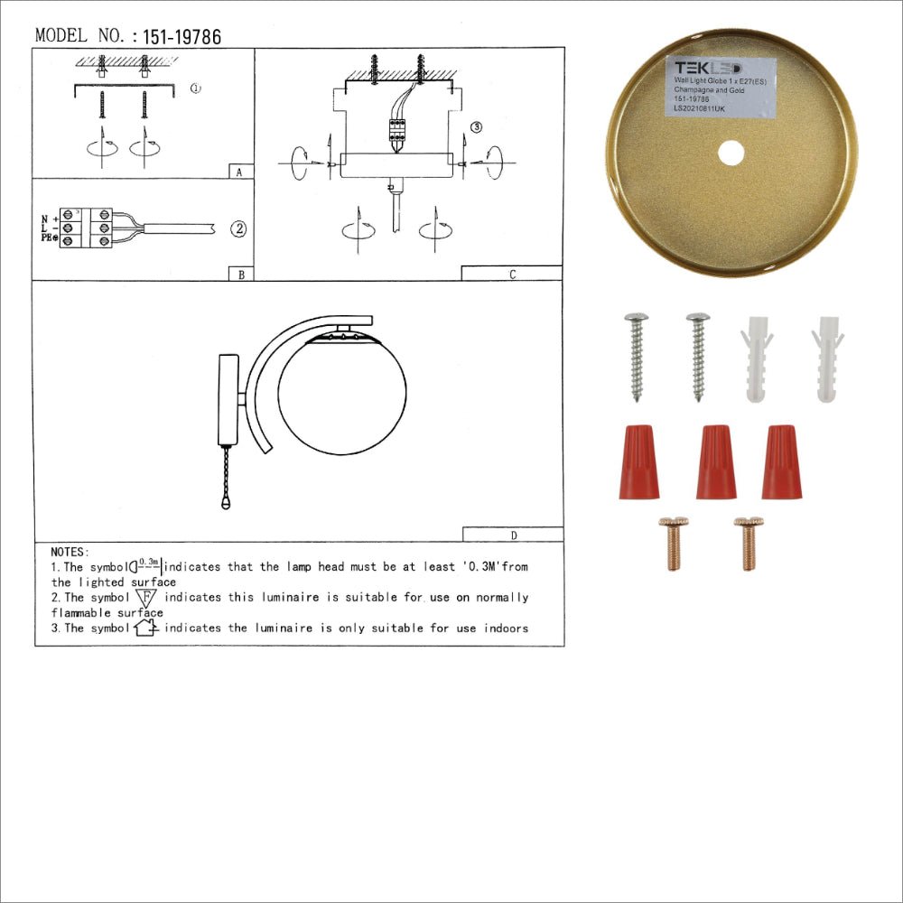 User manual for Opal Globe Glass Gold Metal Arc Body Vintage Retro Wall Light with Pull Down Switch E27 Fitting | TEKLED 151-19786