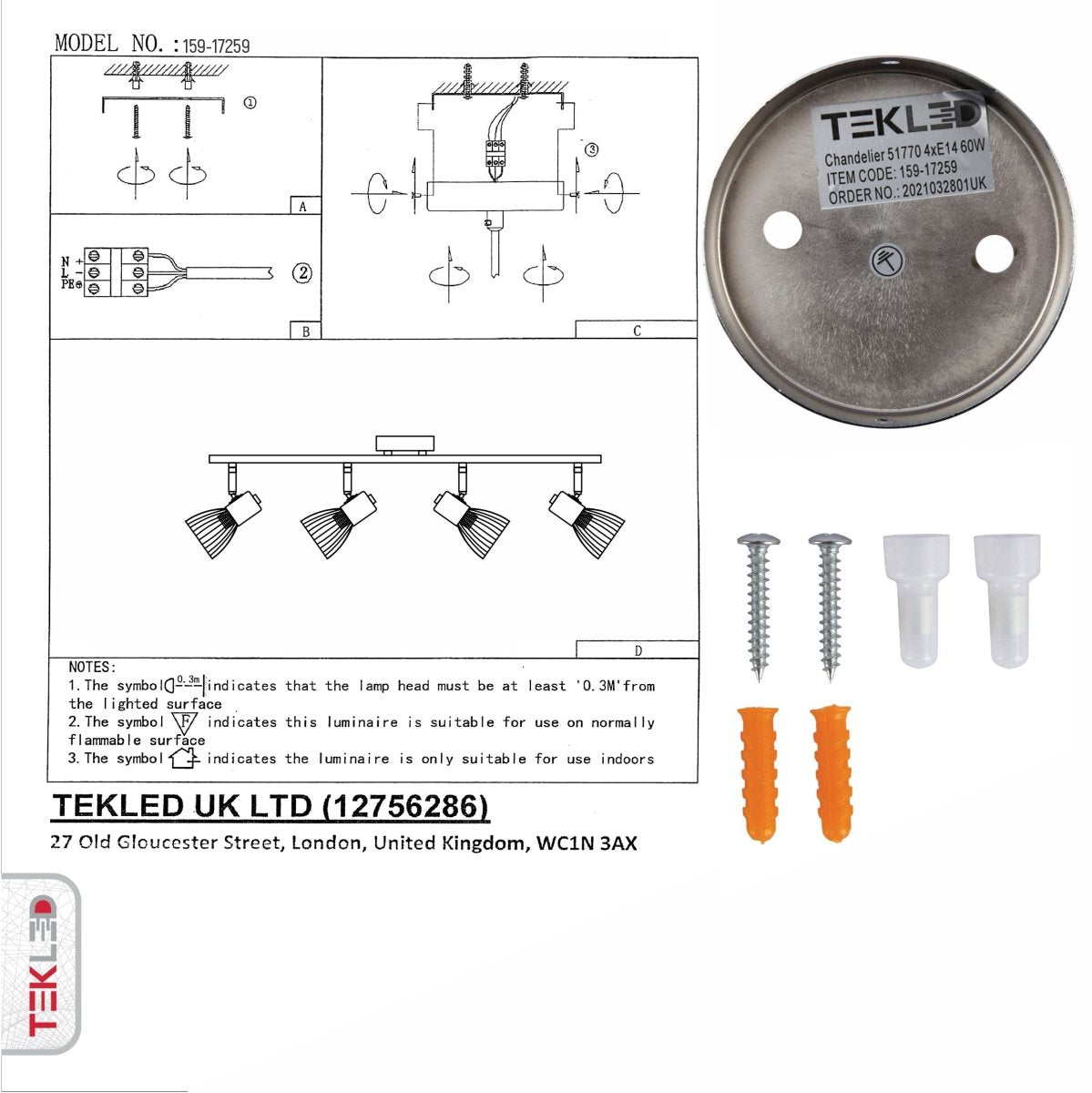 User manual and box content of silver cage chrome body semi flush ceiling light 4xe14