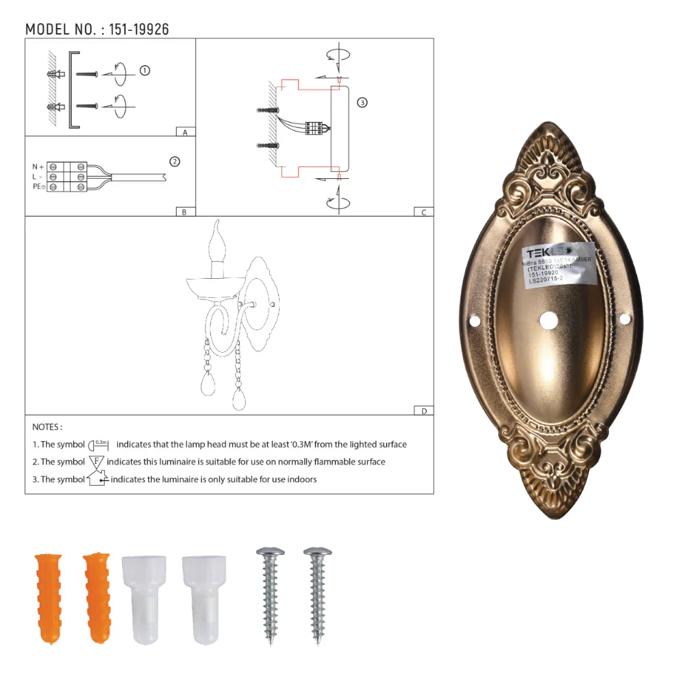 User manual for Vintage Metal & Glass Candle Wall Light | TEKLED 151-19926