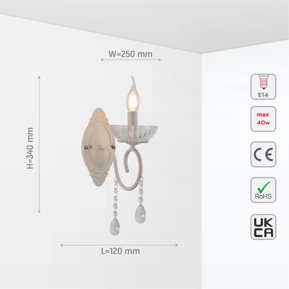 Size and tech specs of Vintage Metal & Glass Candle Wall Light | TEKLED 151-19924