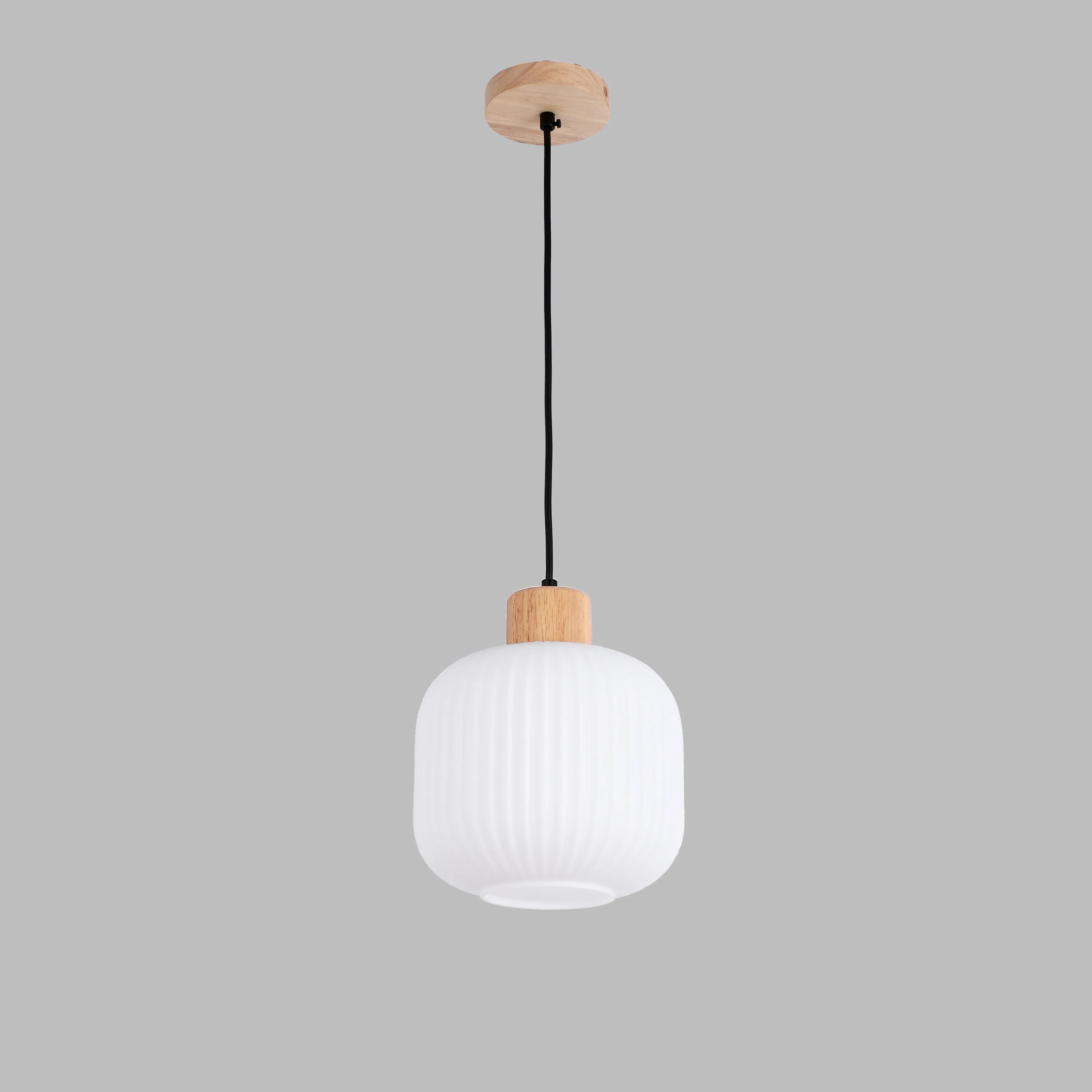 White Ribbed Glass Pendant Light with Wooden Accents