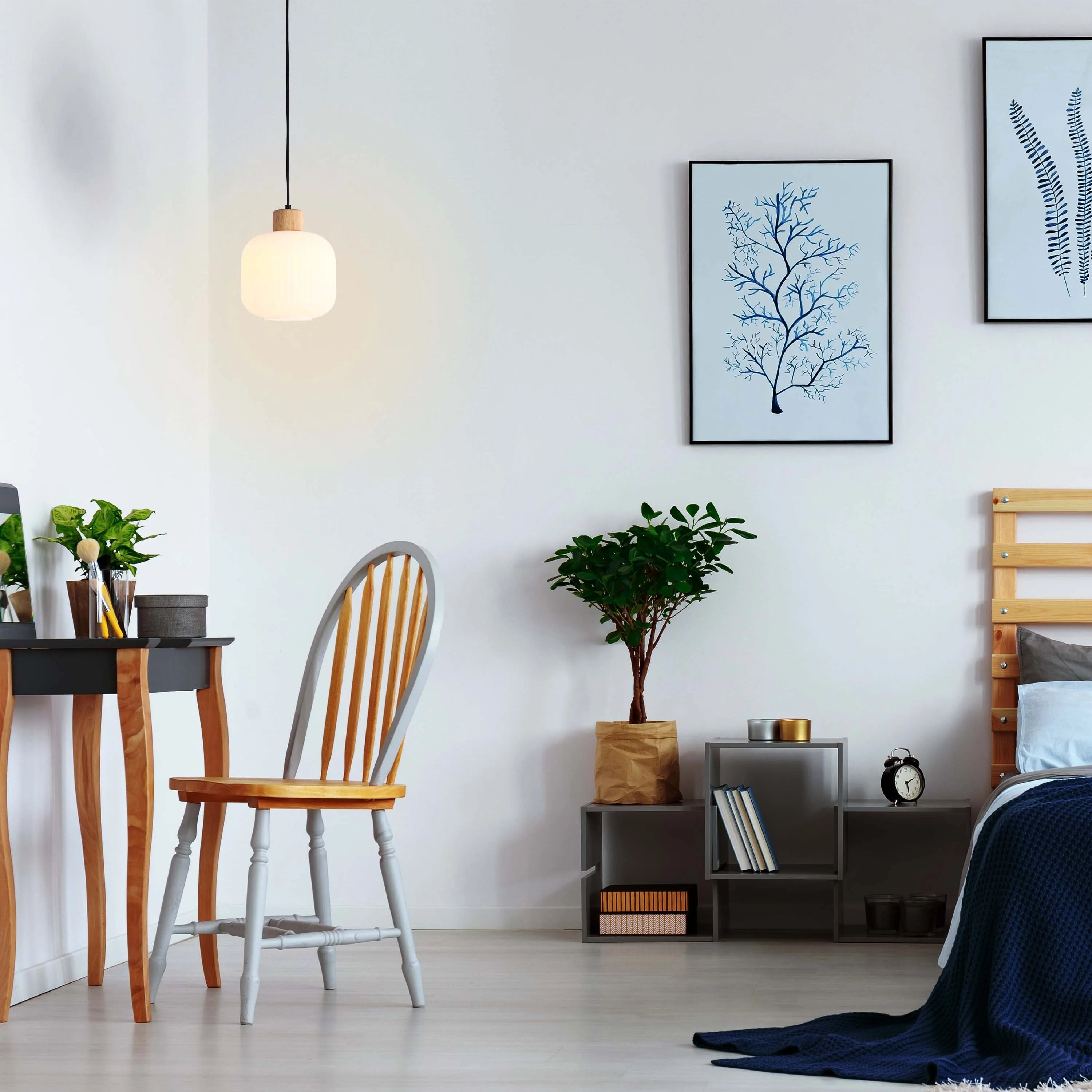 White Ribbed Glass Pendant Light with Wooden Accents