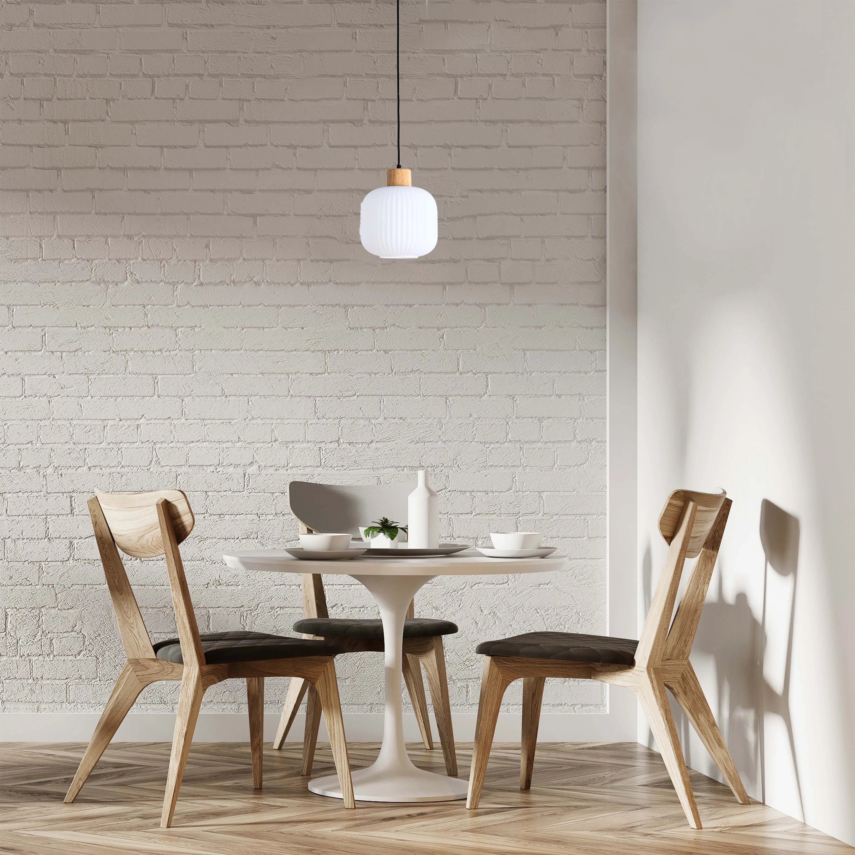 White Ribbed Glass Pendant Light with Wooden Accents