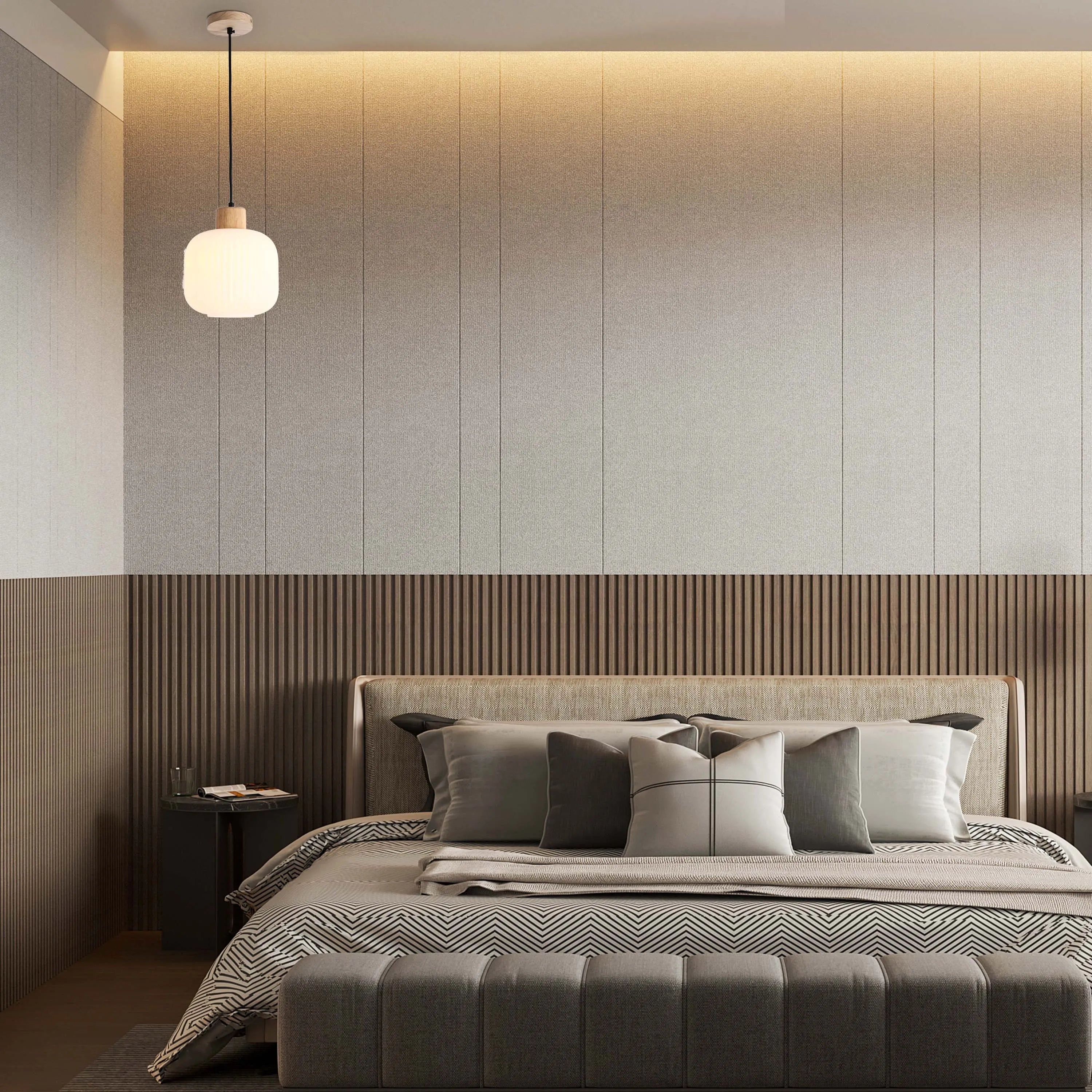 White Ribbed Glass Pendant Light with Wooden Accents