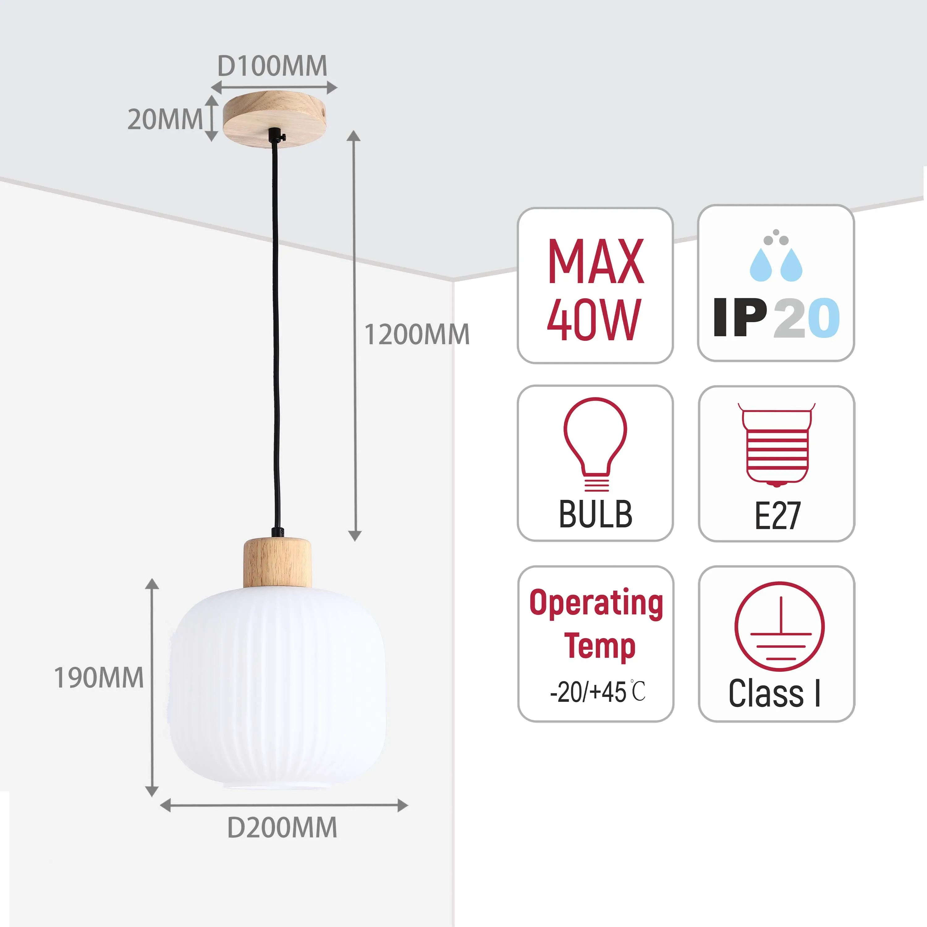 White Ribbed Glass Pendant Light with Wooden Accents