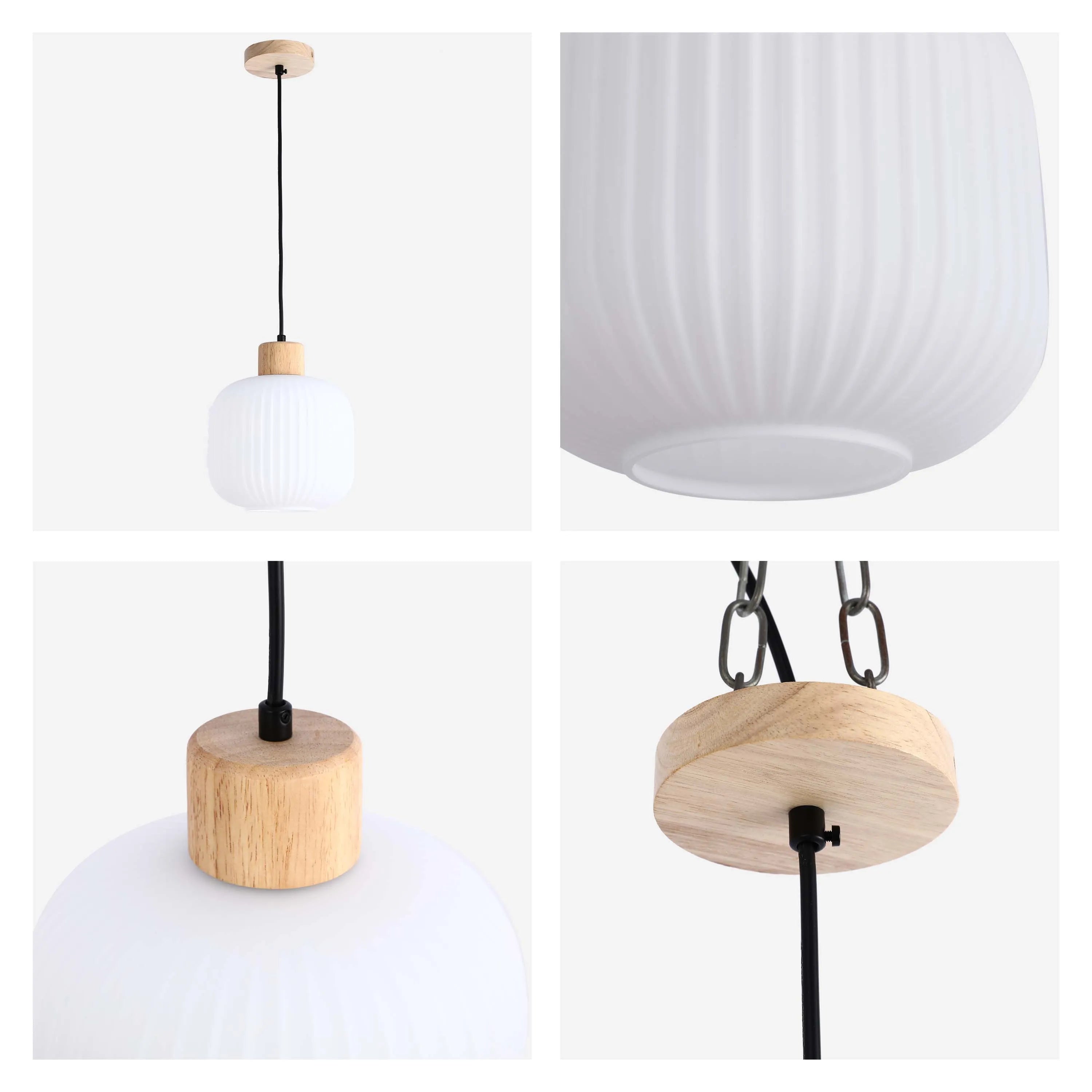 White Ribbed Glass Pendant Light with Wooden Accents