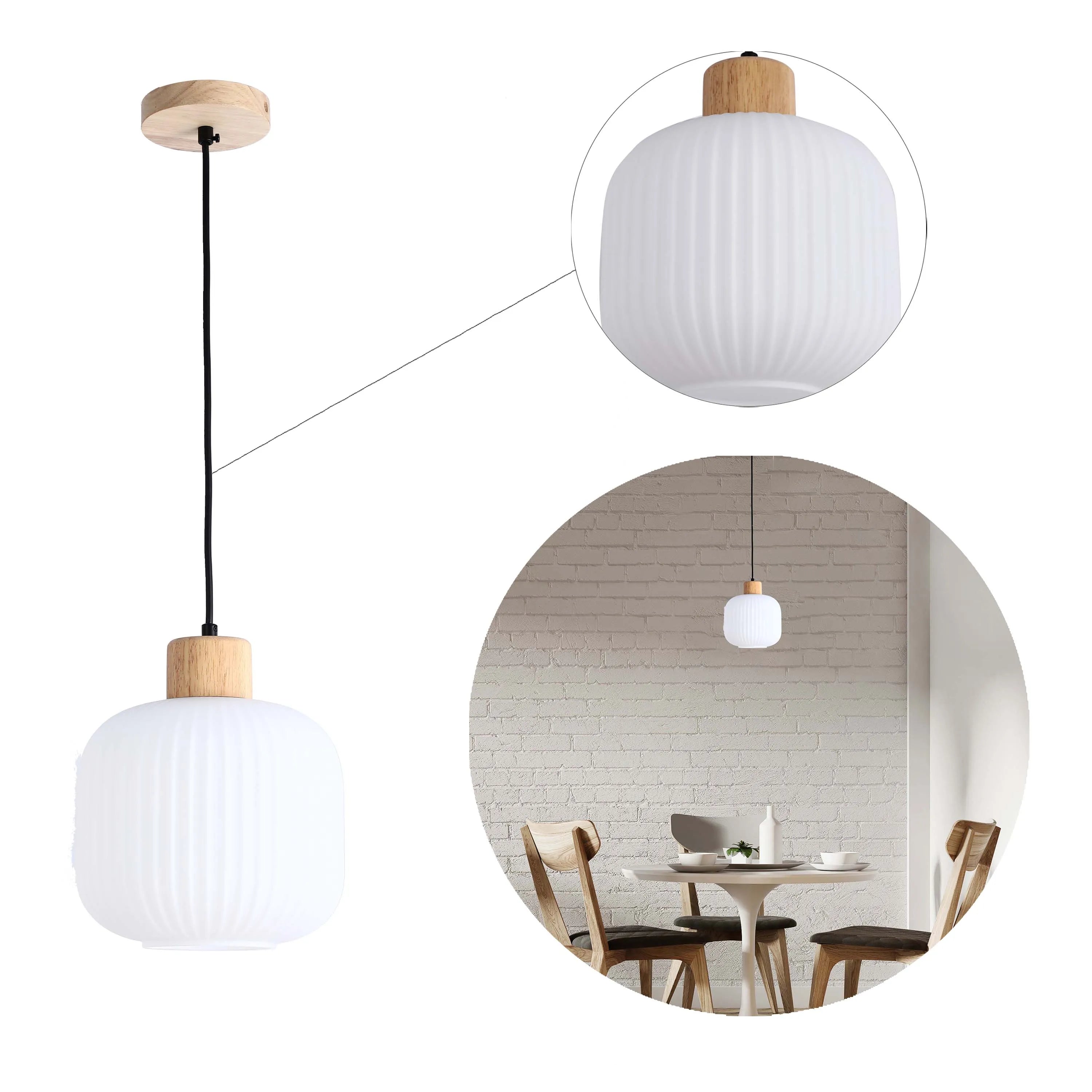 White Ribbed Glass Pendant Light with Wooden Accents