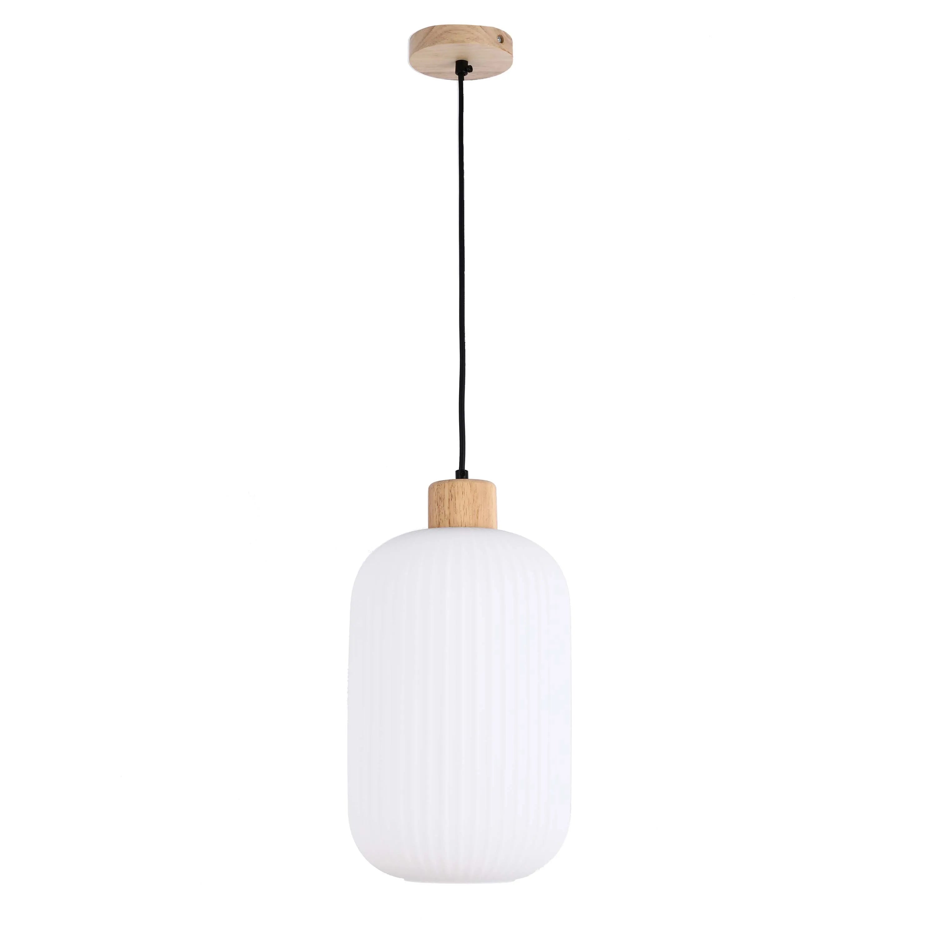 White Ribbed Glass Pendant Light with Wooden Accents