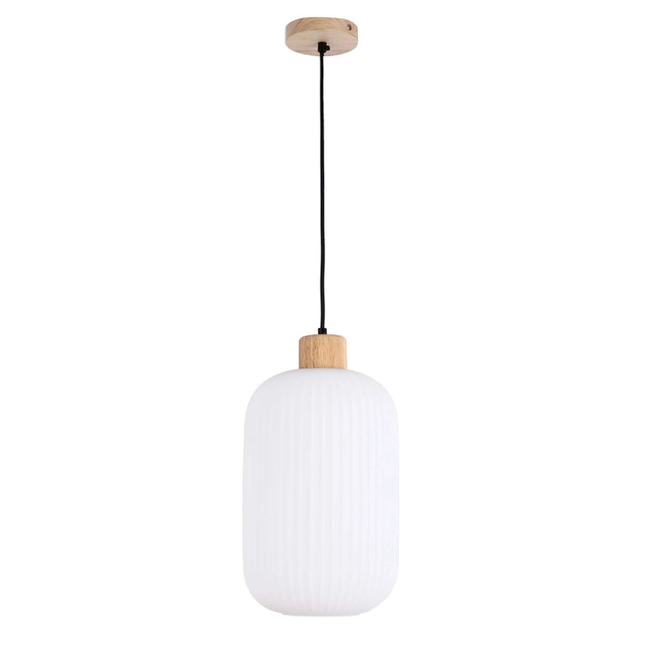 White Ribbed Glass Pendant Light with Wooden Accents