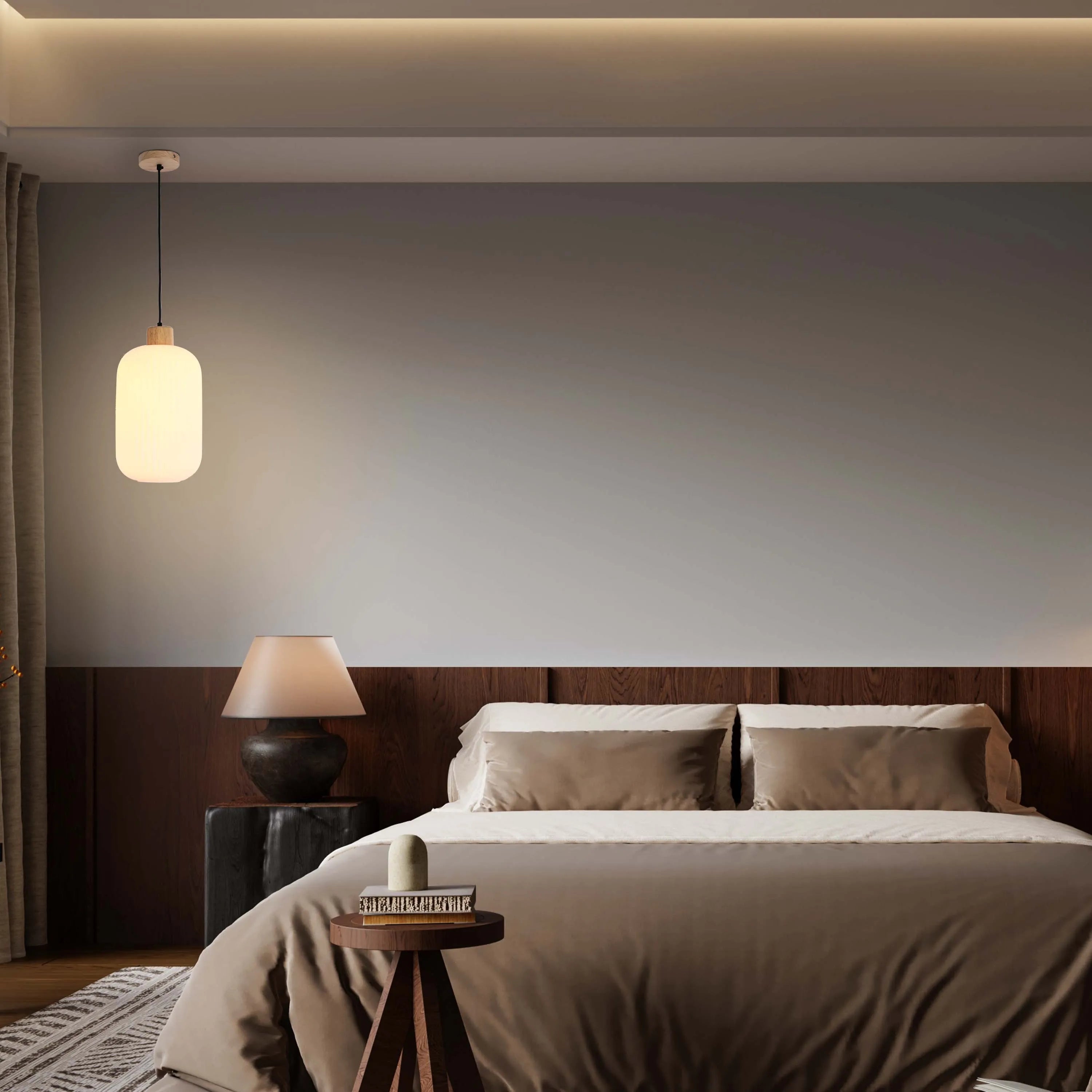 White Ribbed Glass Pendant Light with Wooden Accents