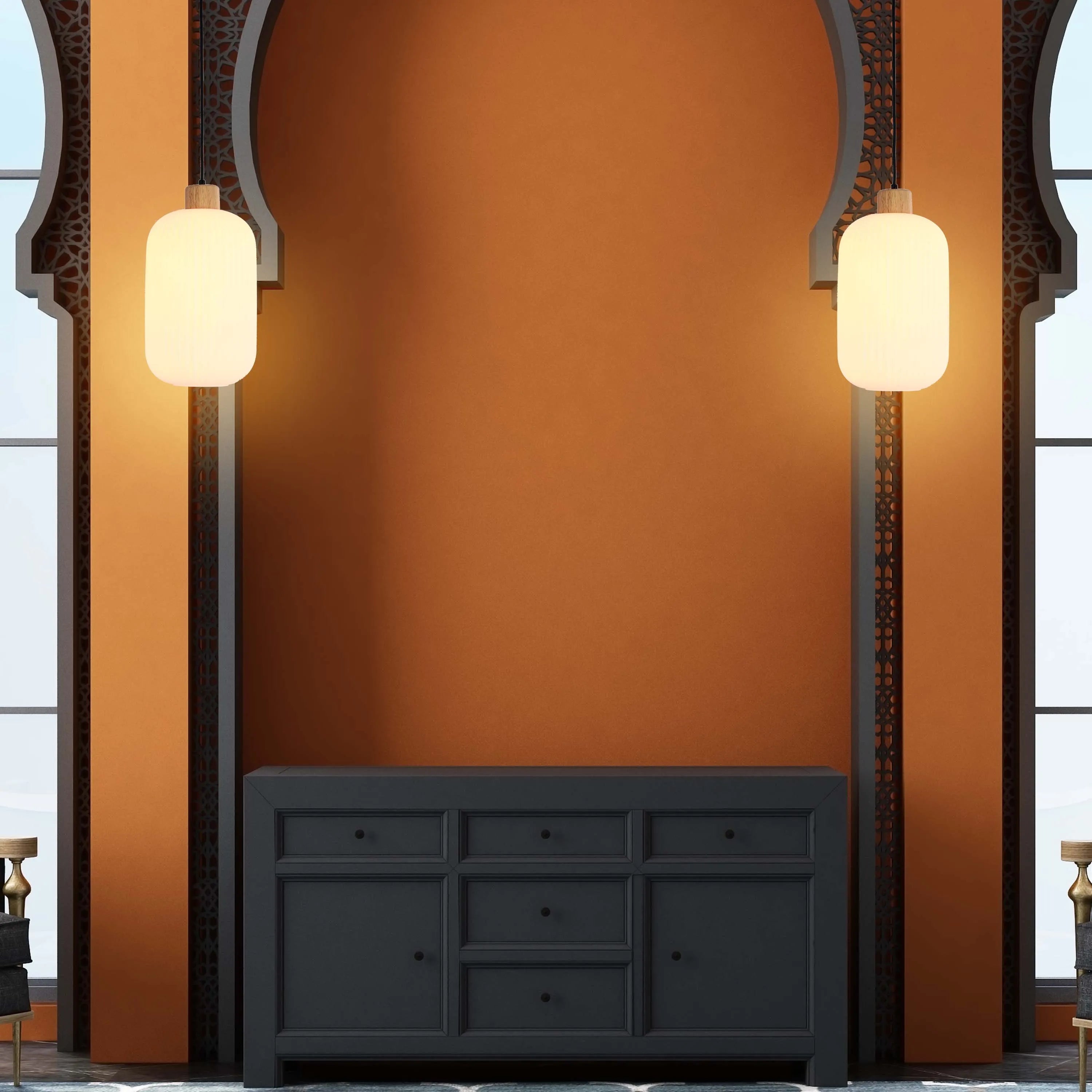 White Ribbed Glass Pendant Light with Wooden Accents