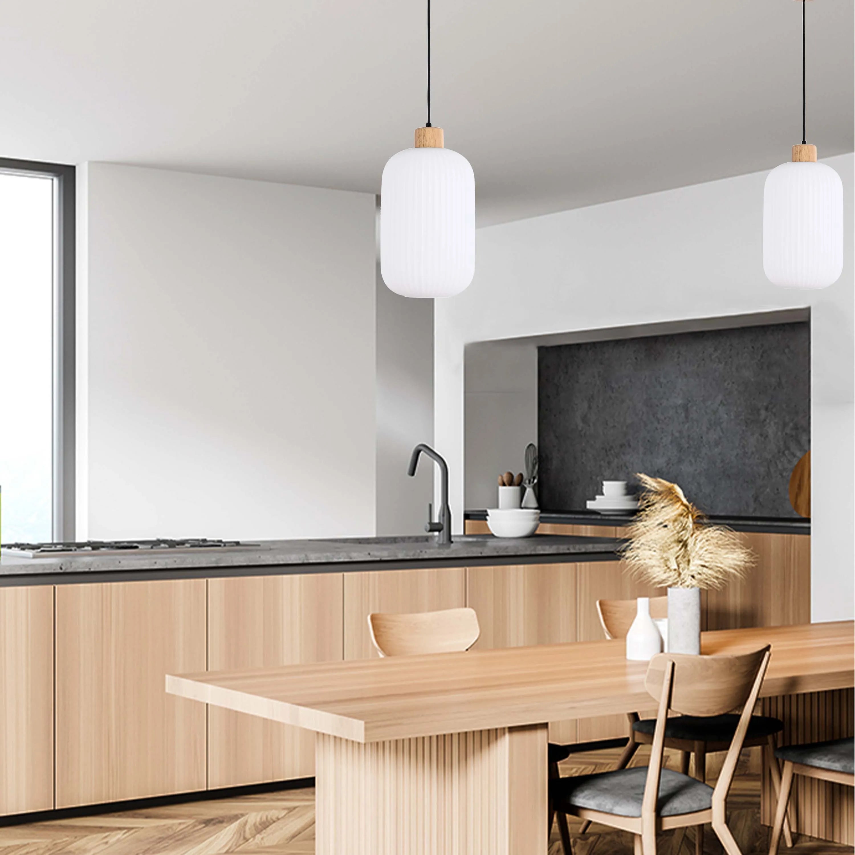 White Ribbed Glass Pendant Light with Wooden Accents