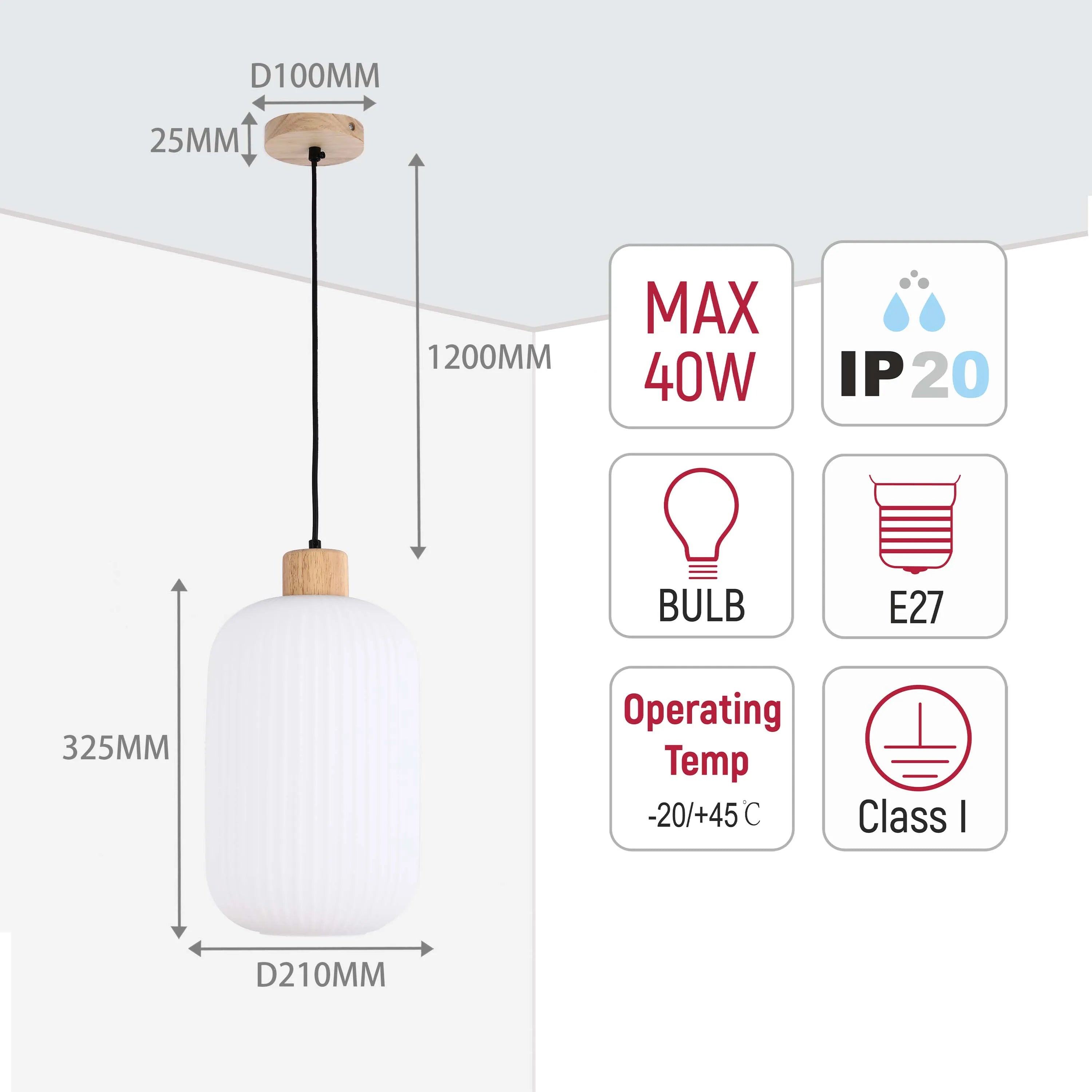 White Ribbed Glass Pendant Light with Wooden Accents