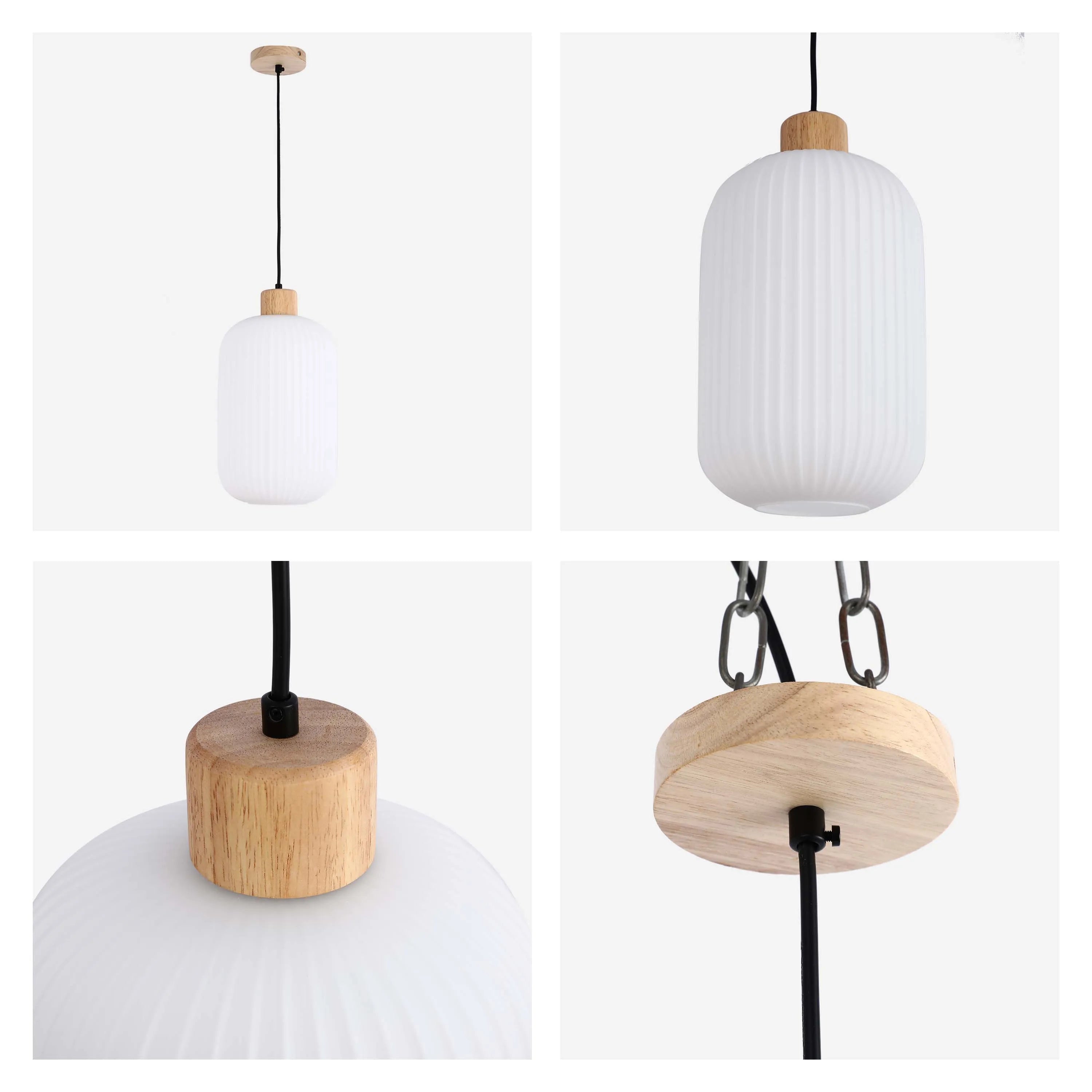 White Ribbed Glass Pendant Light with Wooden Accents