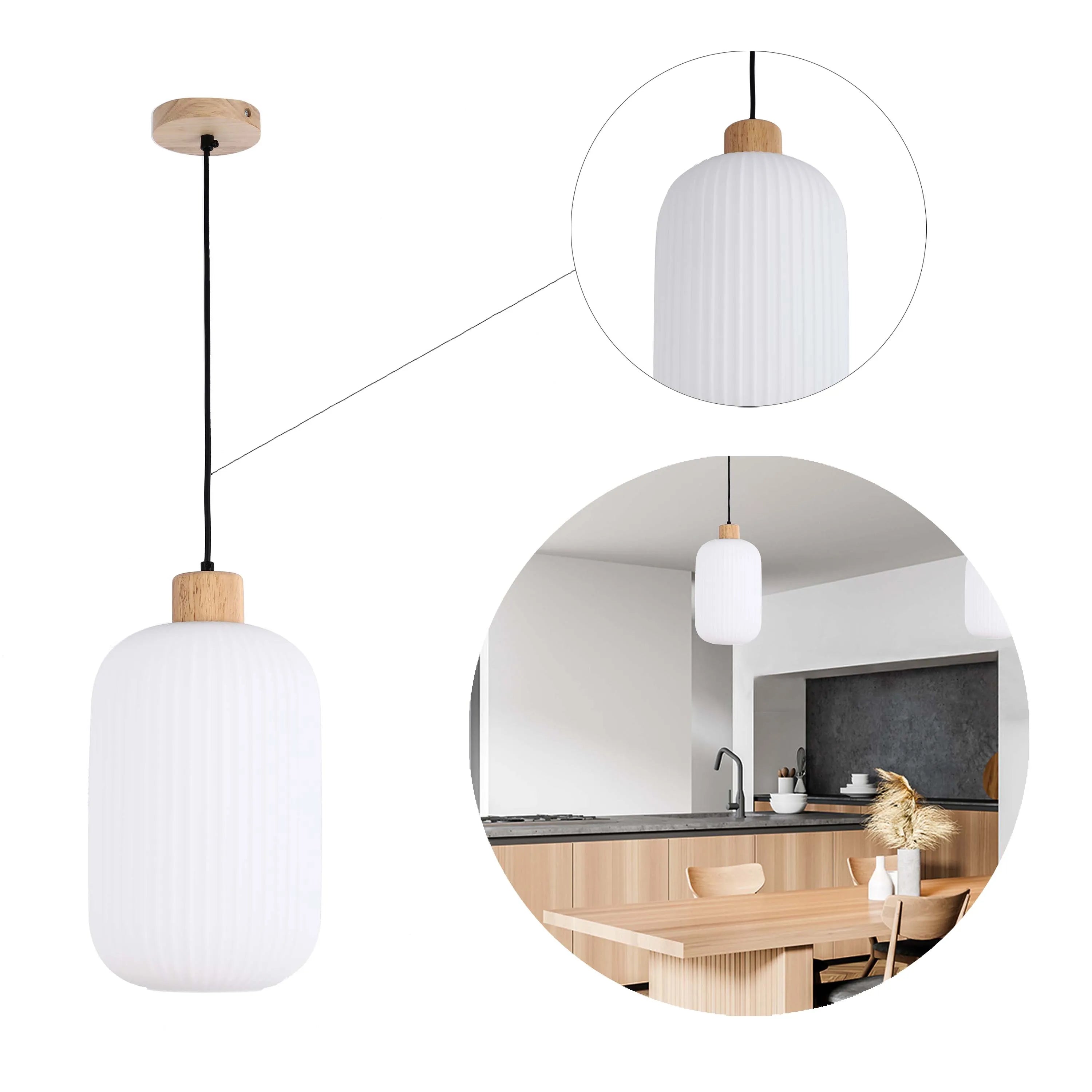 White Ribbed Glass Pendant Light with Wooden Accents