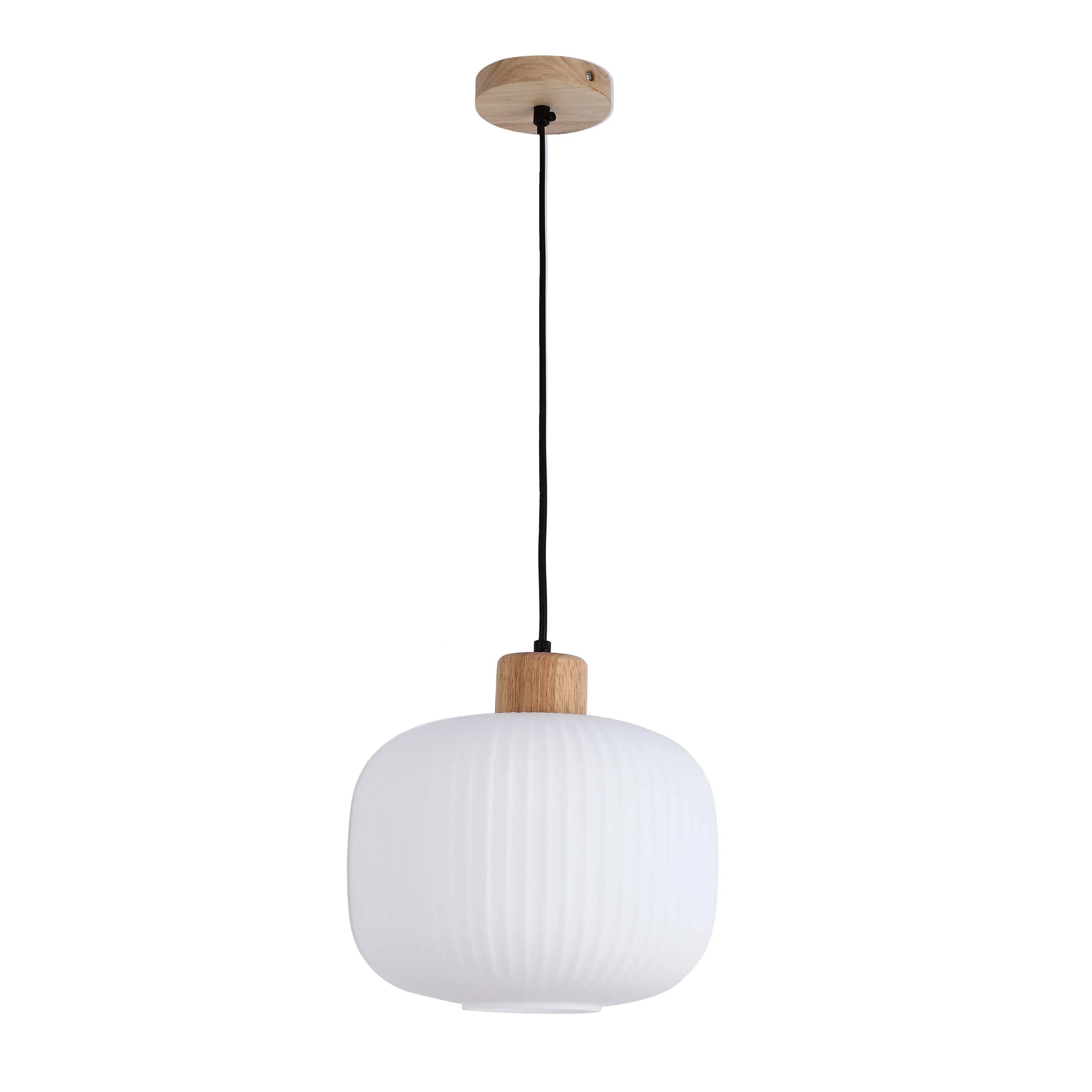 White Ribbed Glass Pendant Light with Wooden Accents