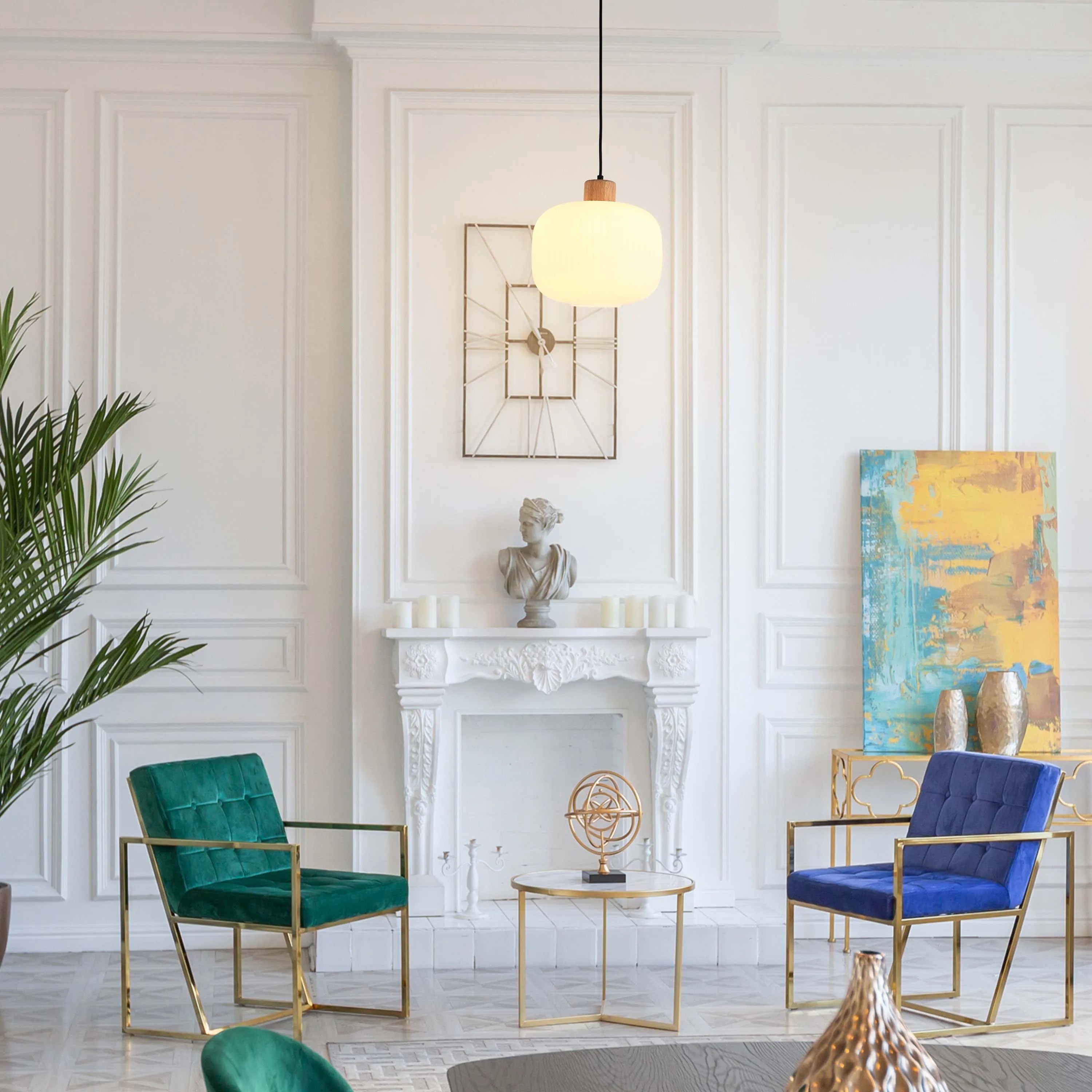 White Ribbed Glass Pendant Light with Wooden Accents