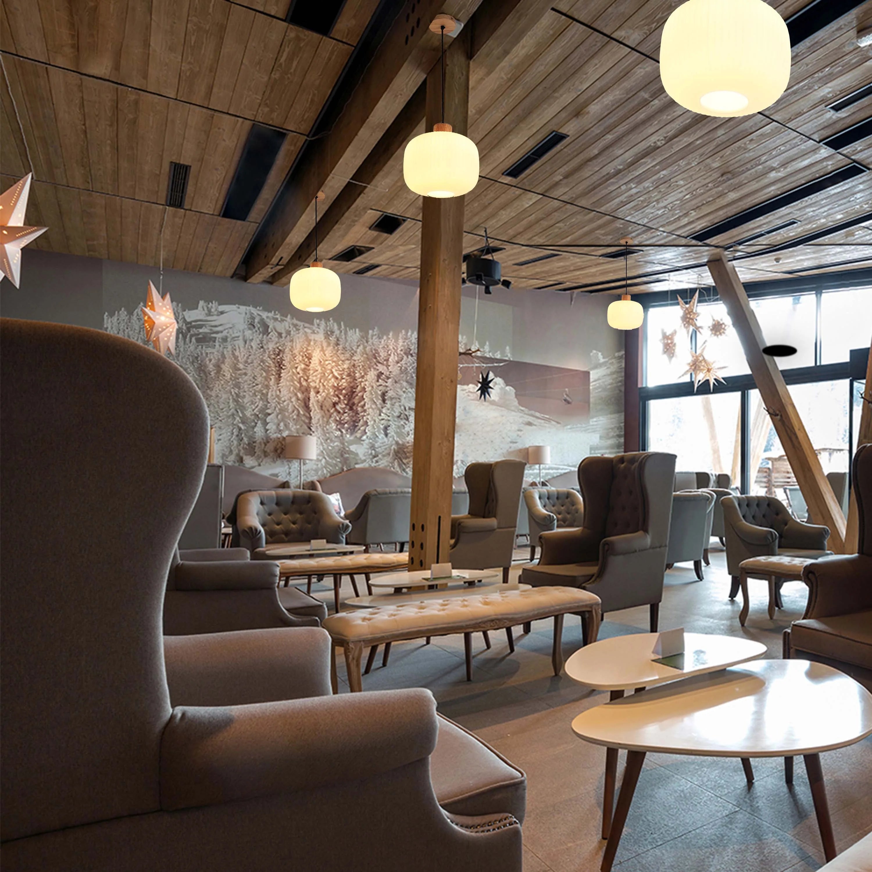 White Ribbed Glass Pendant Light with Wooden Accents
