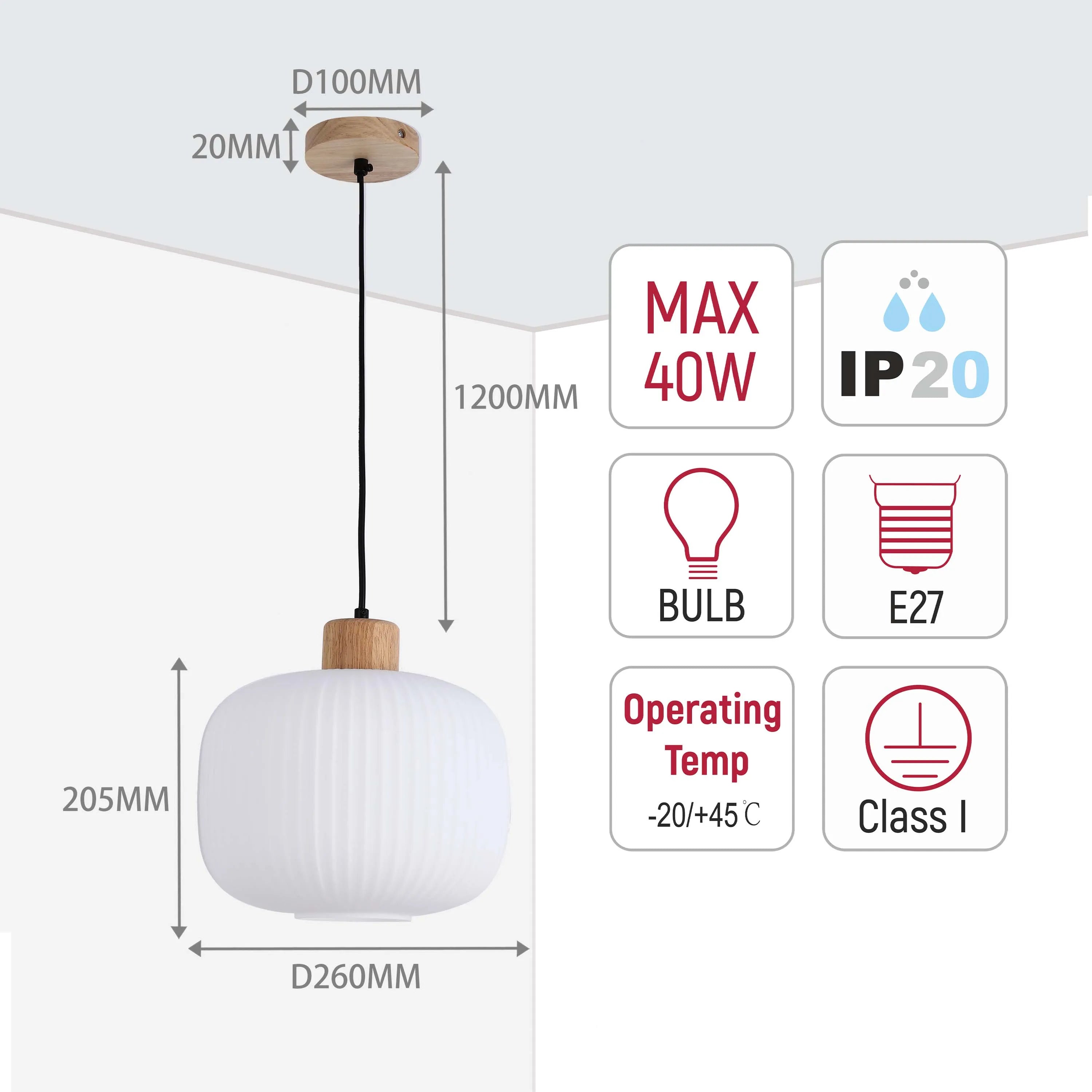 White Ribbed Glass Pendant Light with Wooden Accents