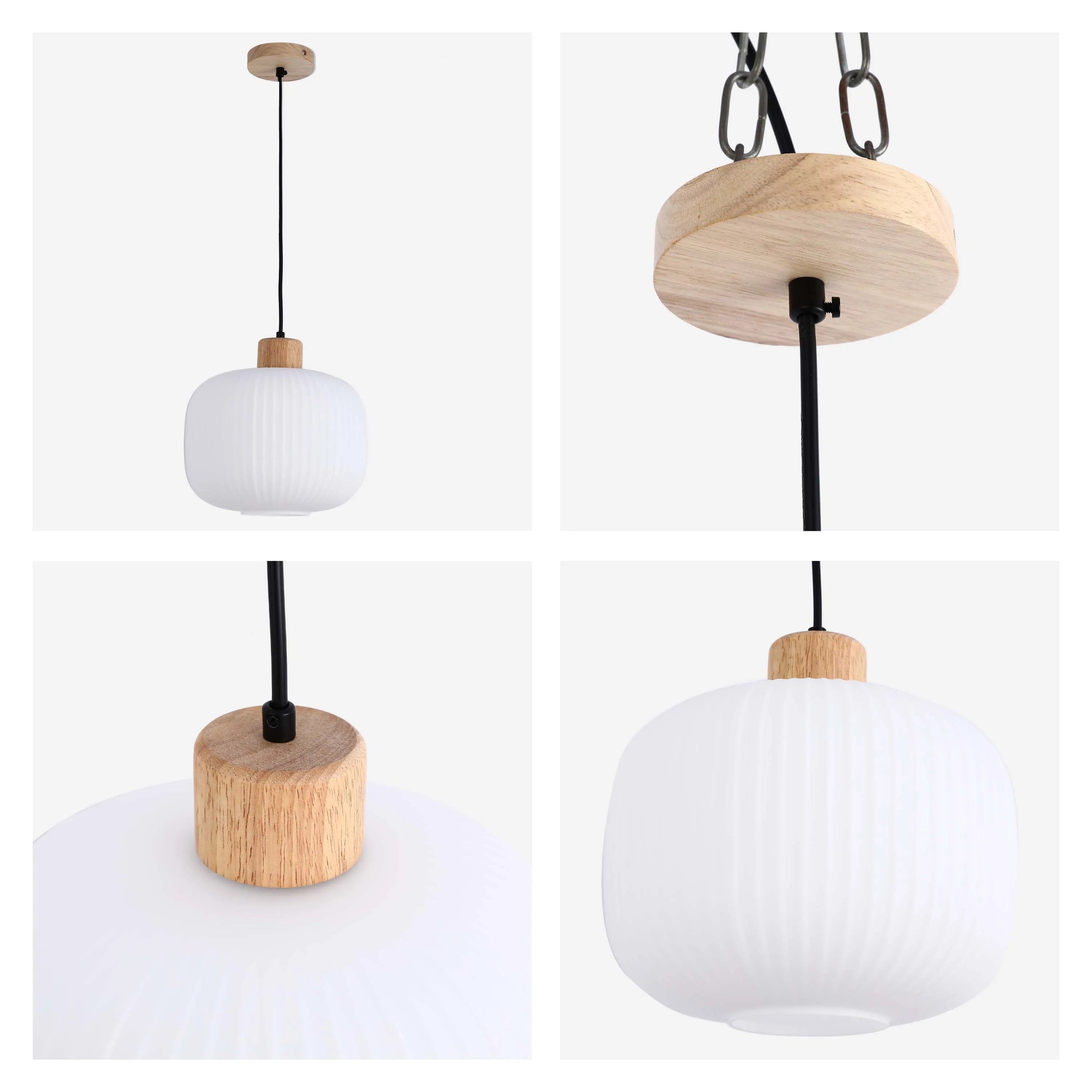 White Ribbed Glass Pendant Light with Wooden Accents