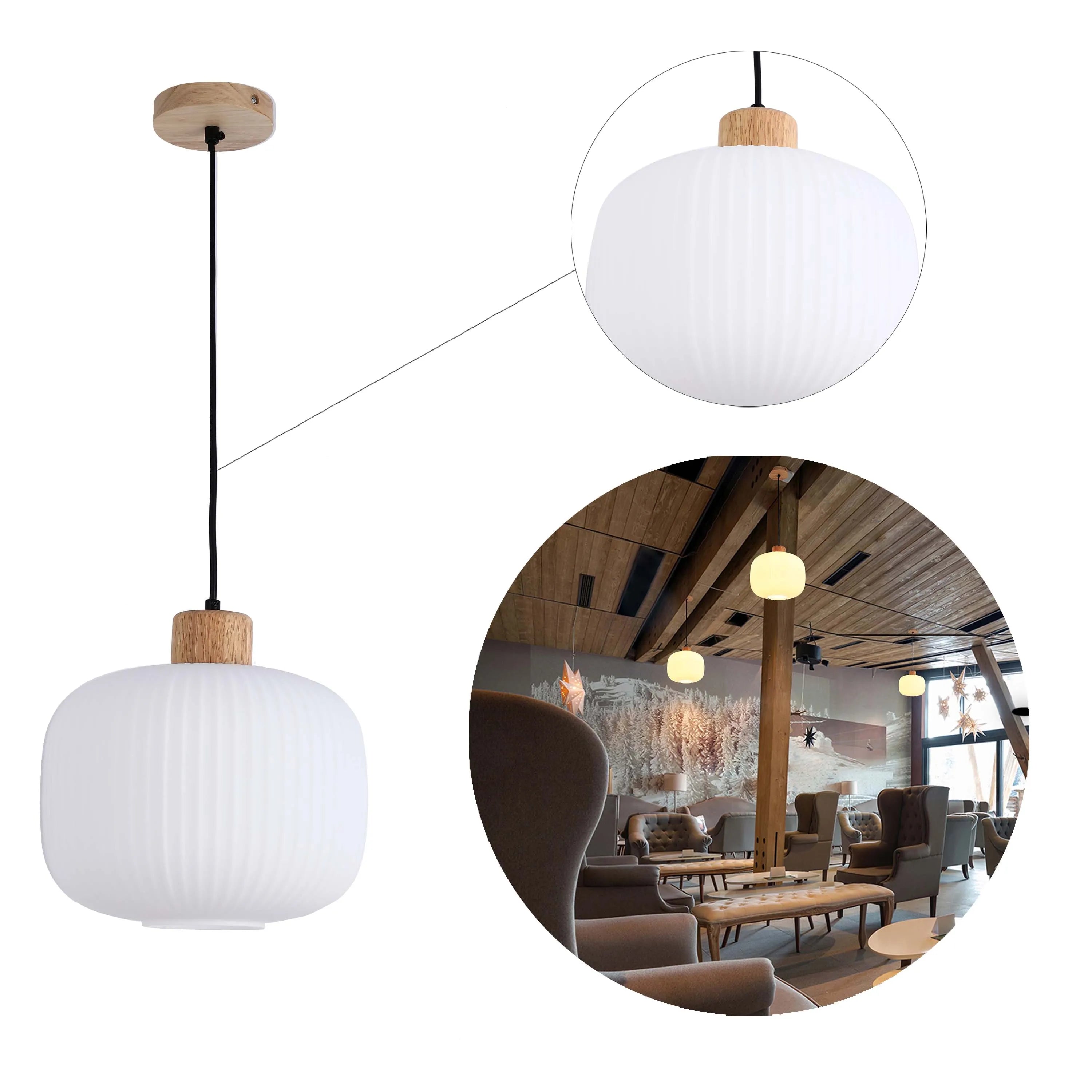 White Ribbed Glass Pendant Light with Wooden Accents