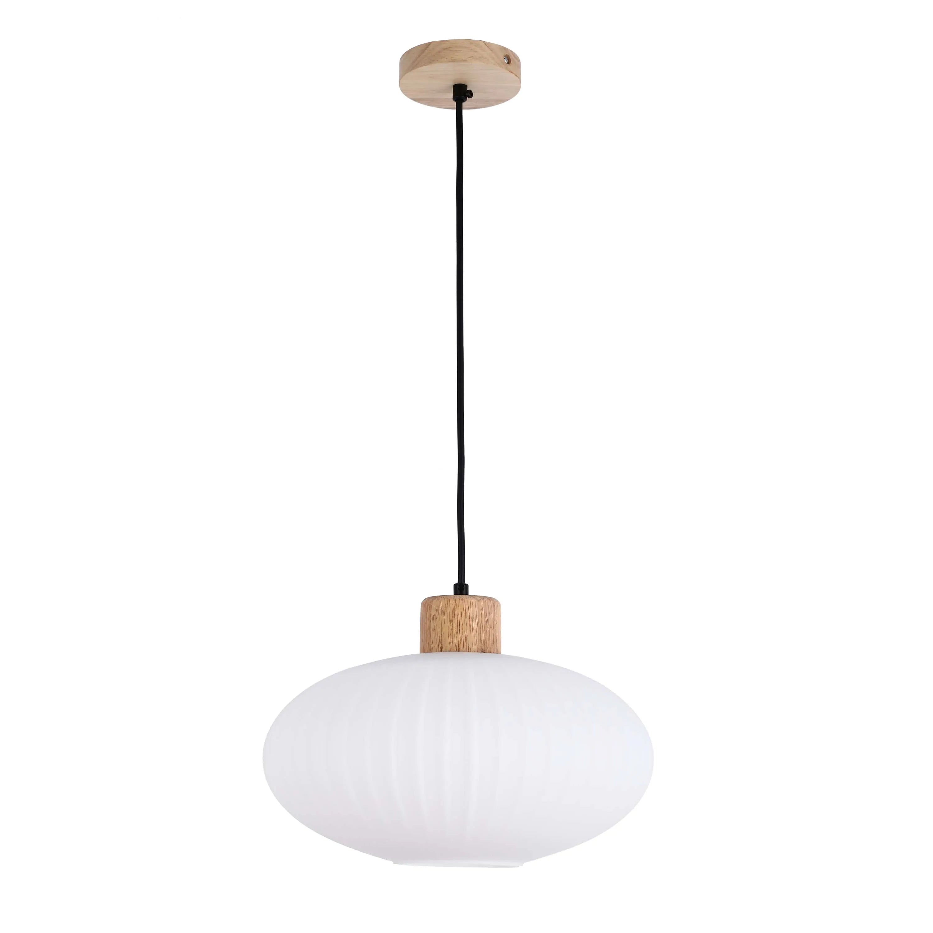 White Ribbed Glass Pendant Light with Wooden Accents