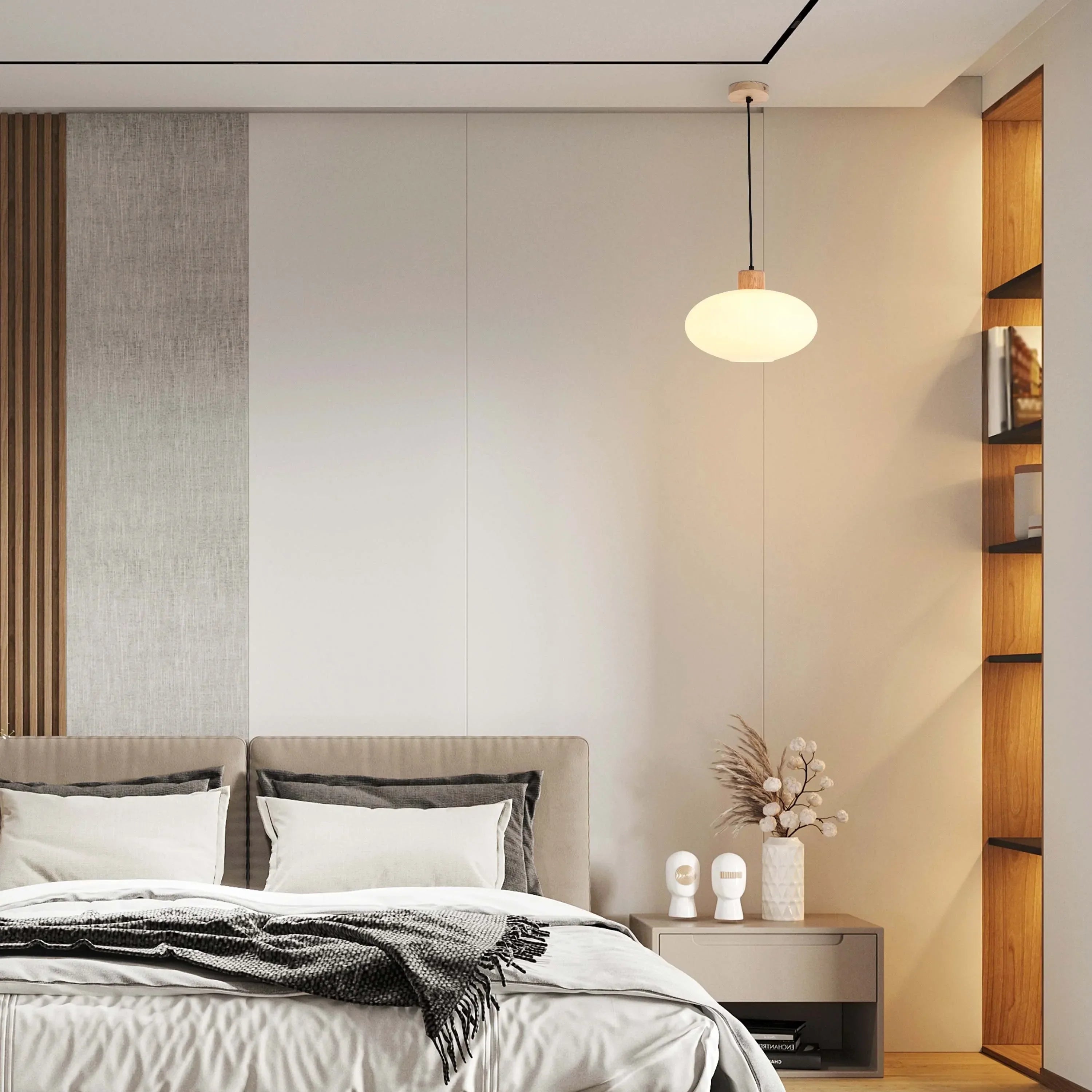 White Ribbed Glass Pendant Light with Wooden Accents