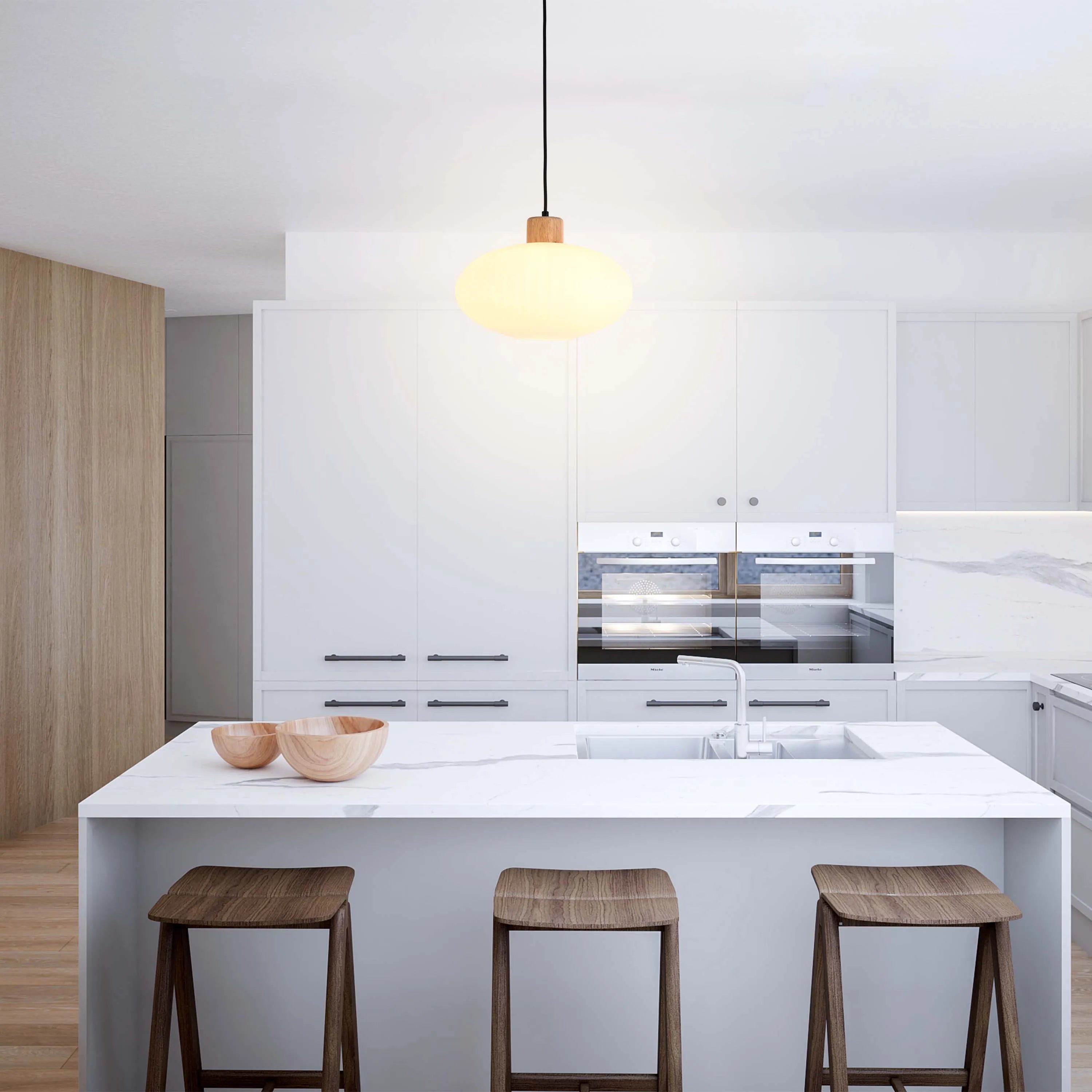 White Ribbed Glass Pendant Light with Wooden Accents