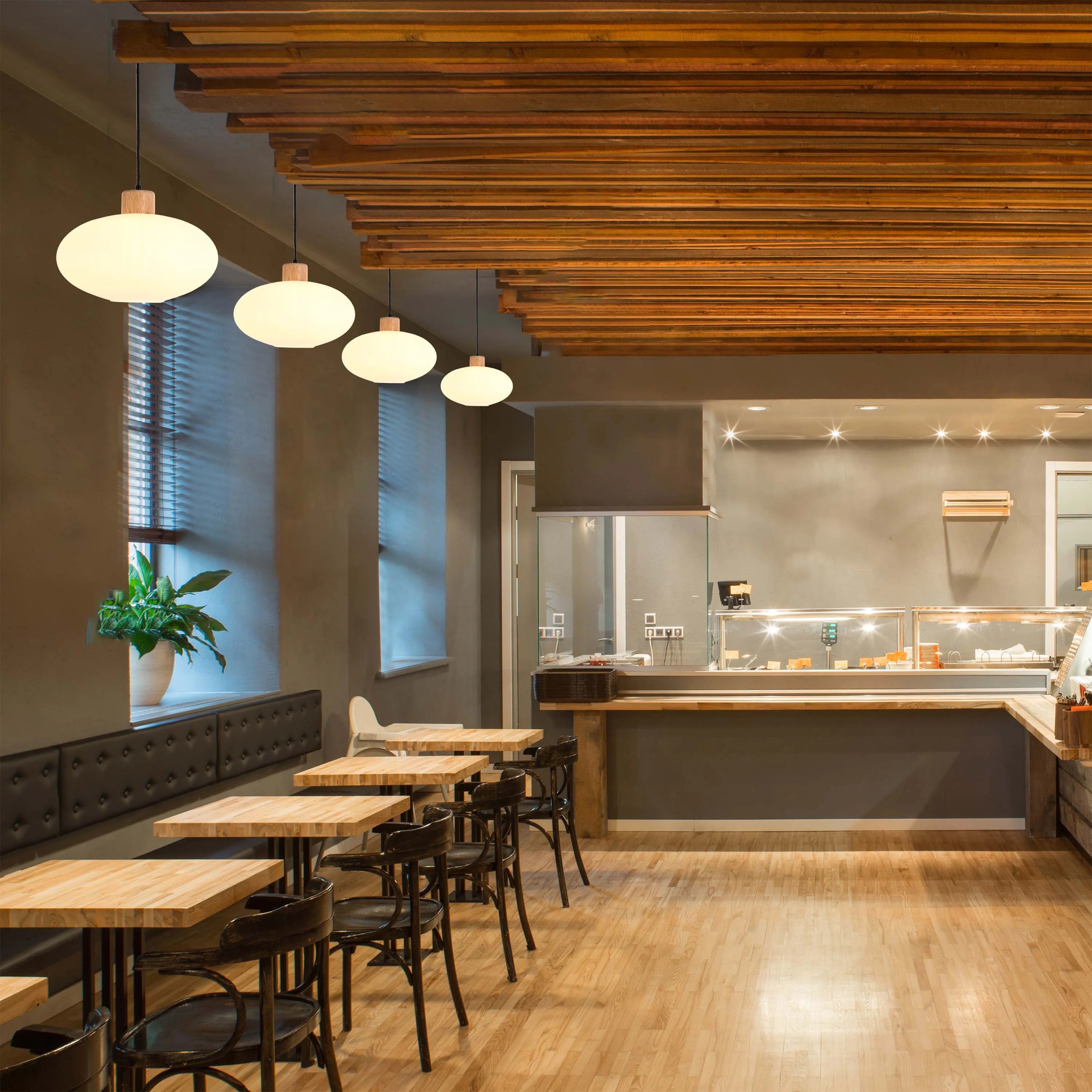 White Ribbed Glass Pendant Light with Wooden Accents