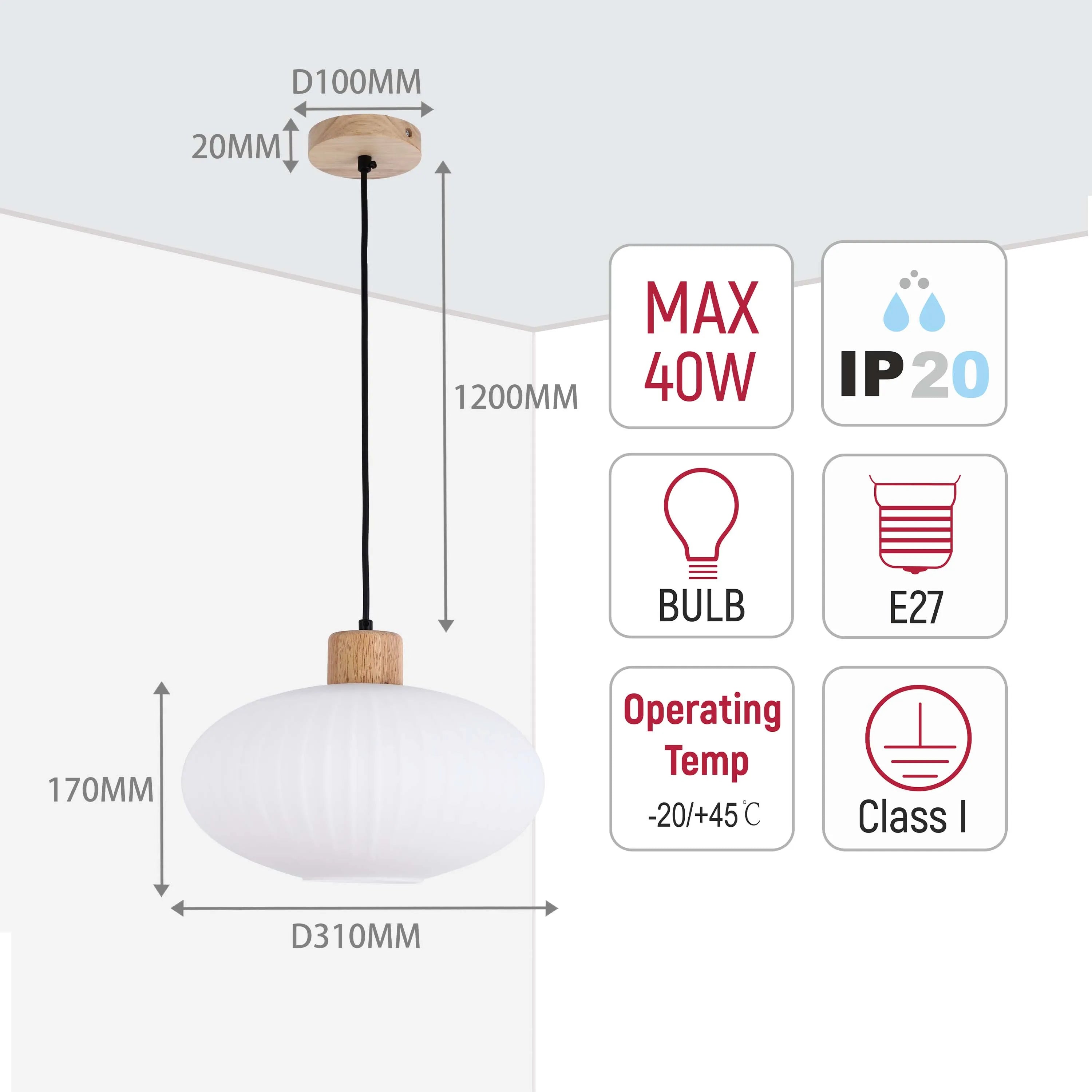 White Ribbed Glass Pendant Light with Wooden Accents