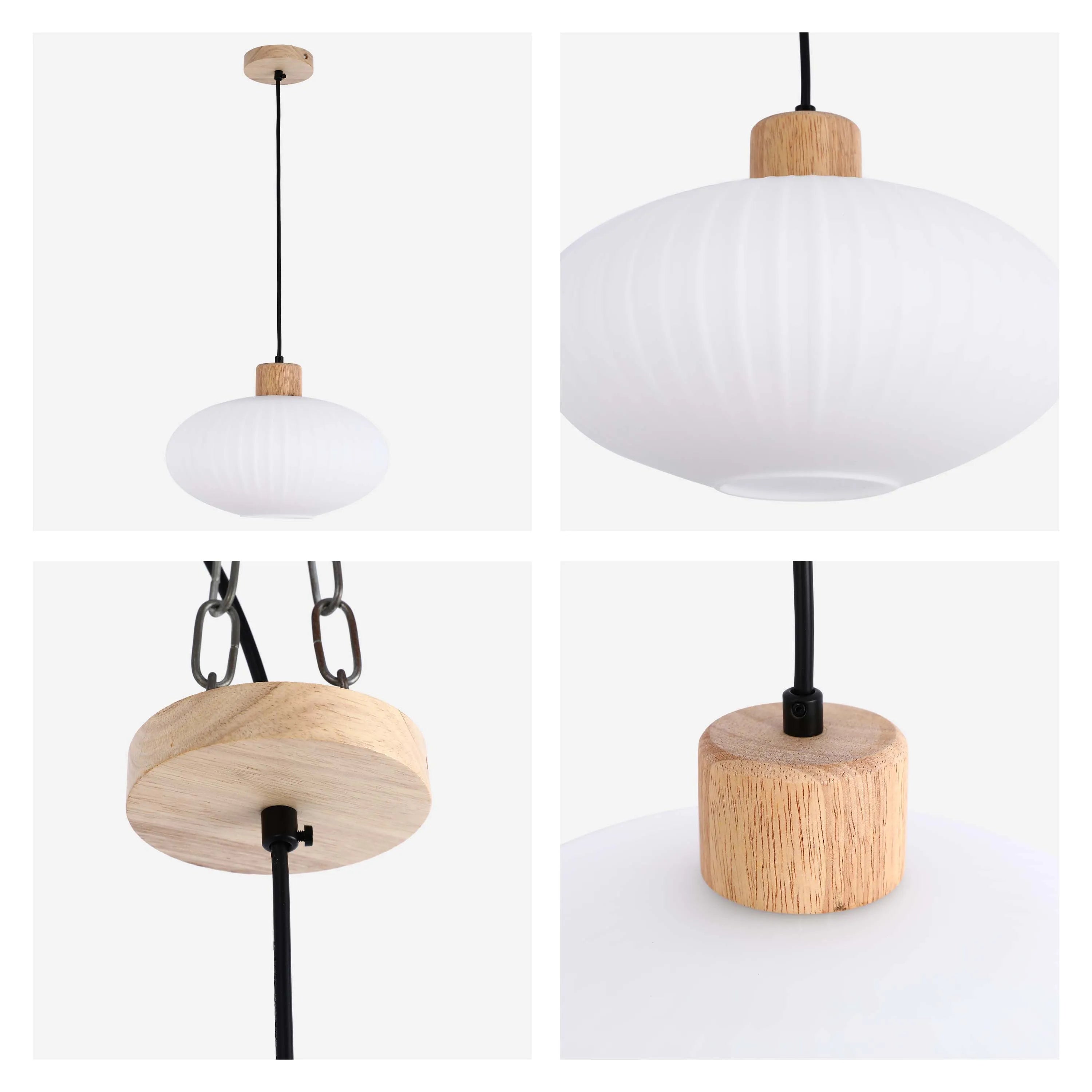 White Ribbed Glass Pendant Light with Wooden Accents