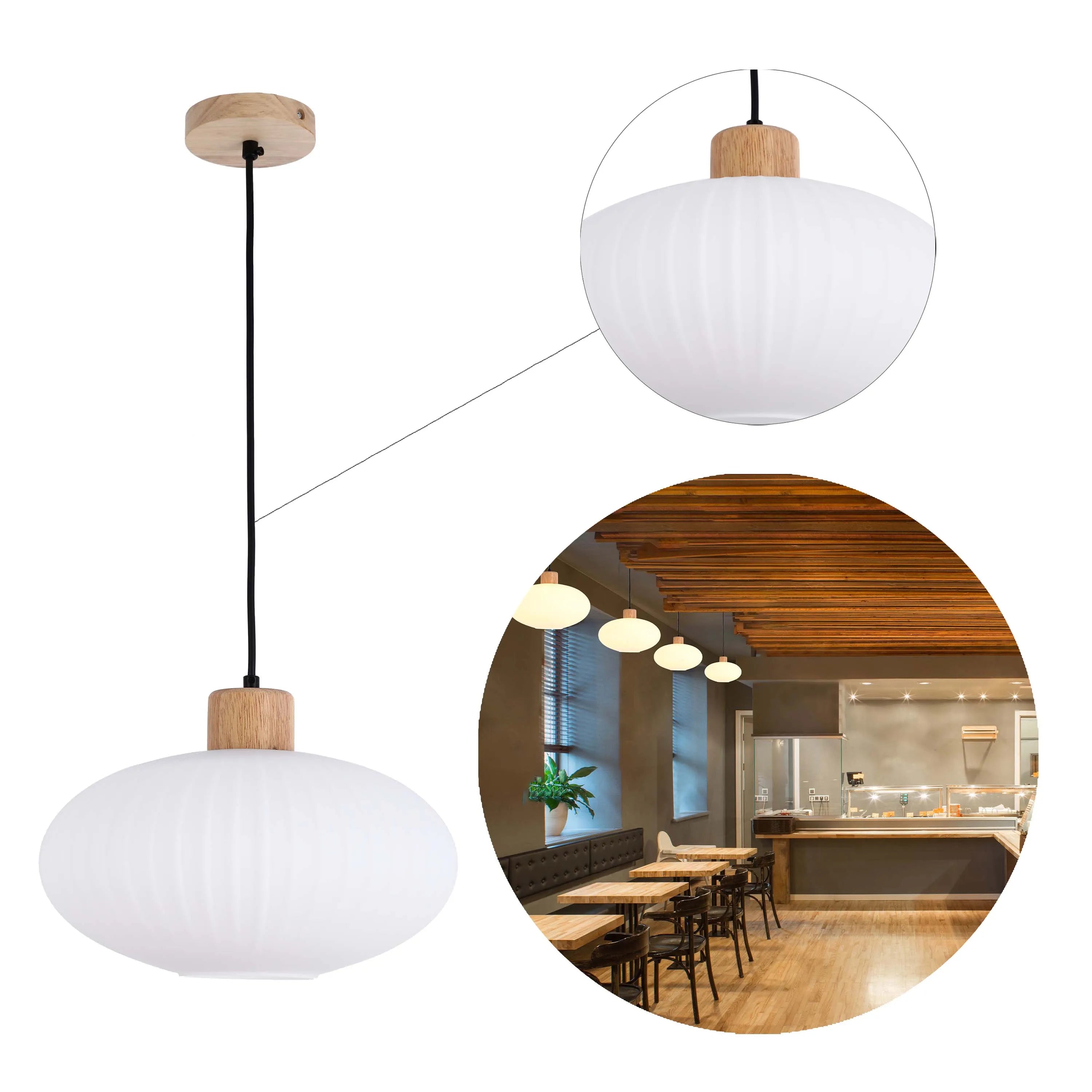 White Ribbed Glass Pendant Light with Wooden Accents